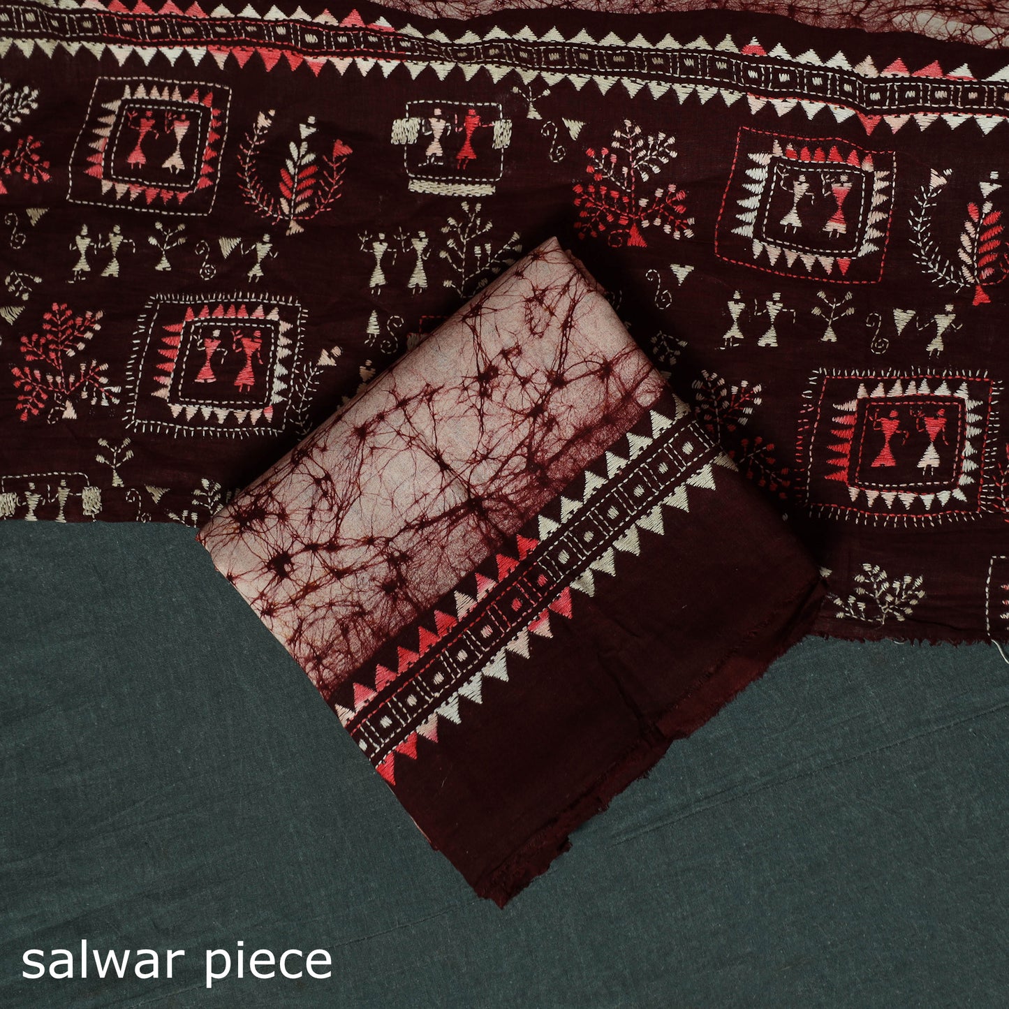 Bengal Kantha Work Cotton 3pc Unstitched Batik Print Dress Material Suit Set 17