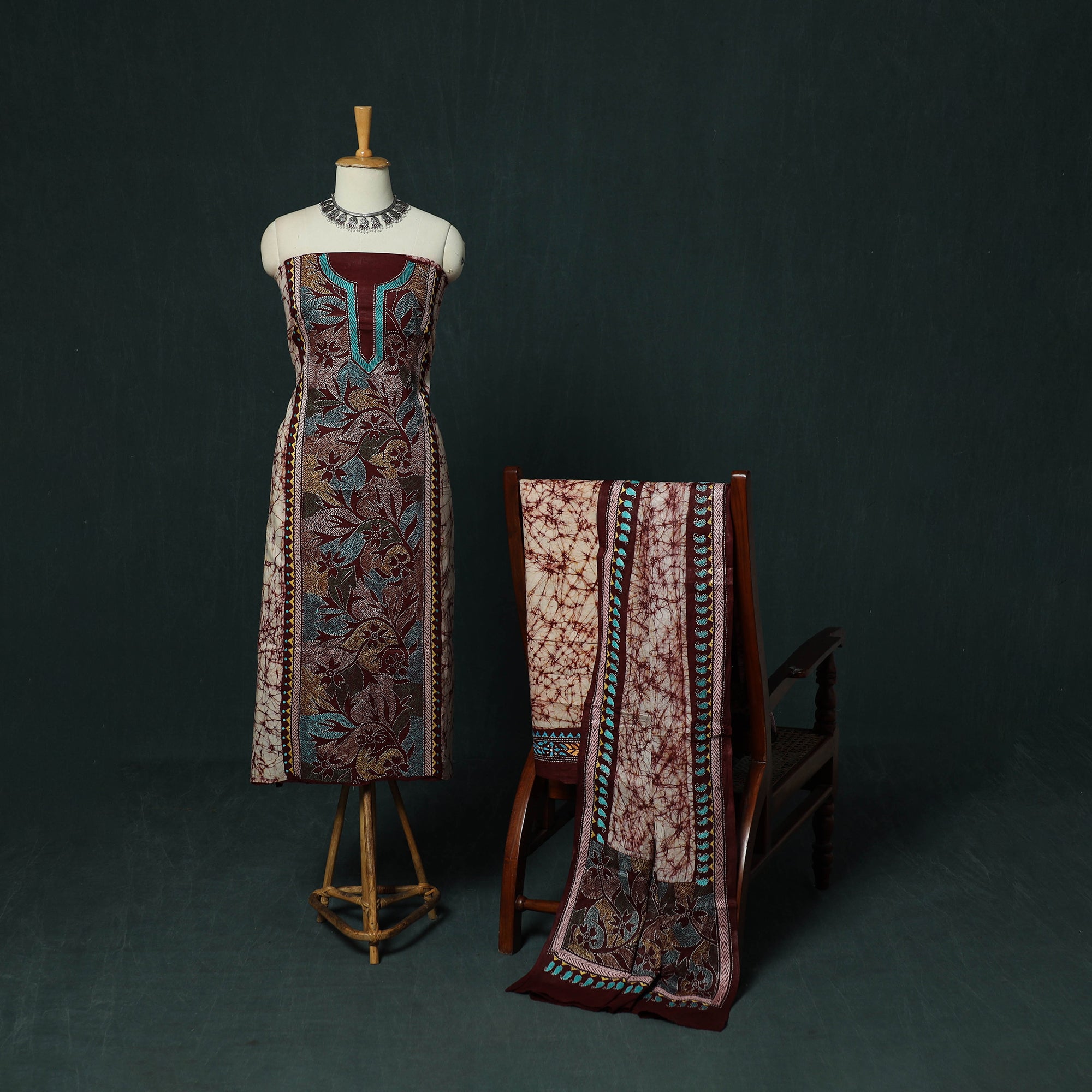Multicolor Bengal Kantha Work Cotton 3pc Unstitched Batik Print Dress Material Suit Set