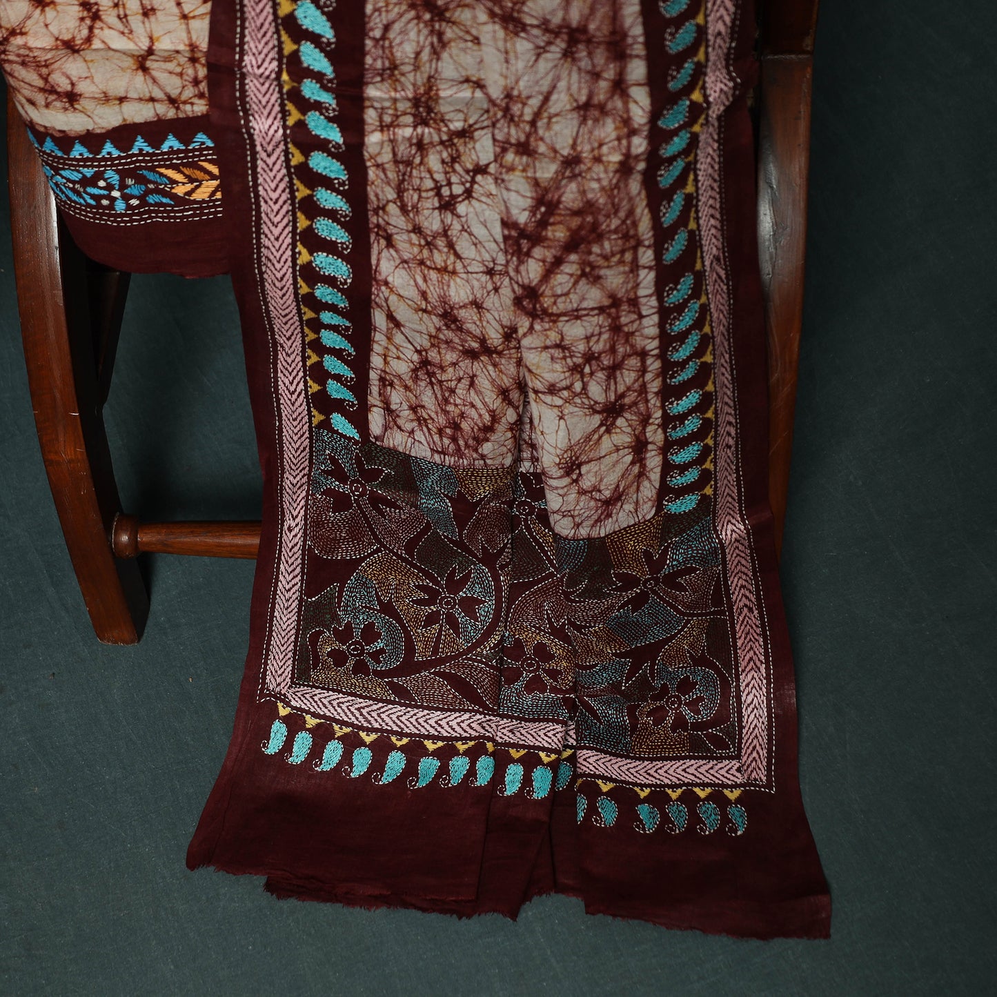 Bengal Kantha Work Cotton 3pc Unstitched Batik Print Dress Material Suit Set 18