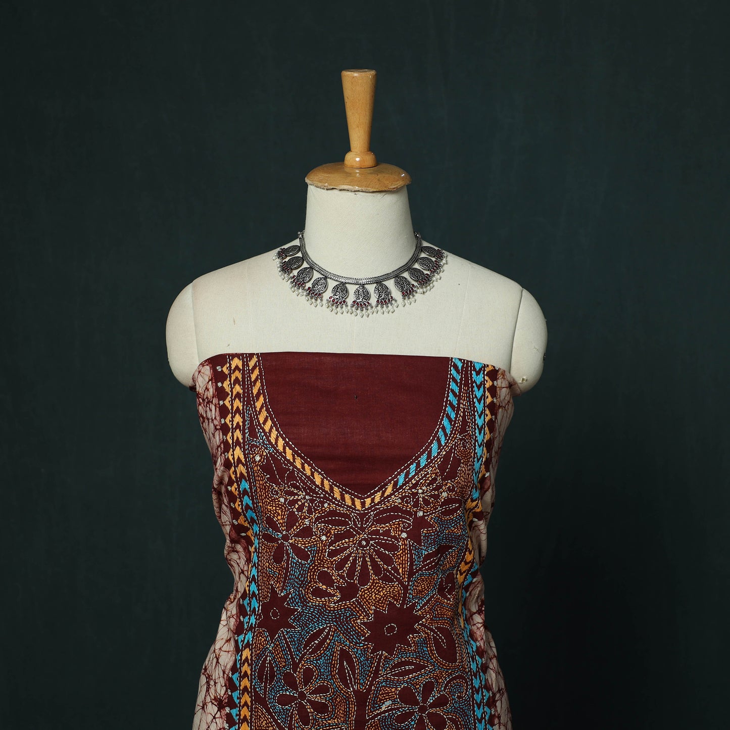 Bengal Kantha Work Cotton 3pc Unstitched Batik Print Dress Material Suit Set 19