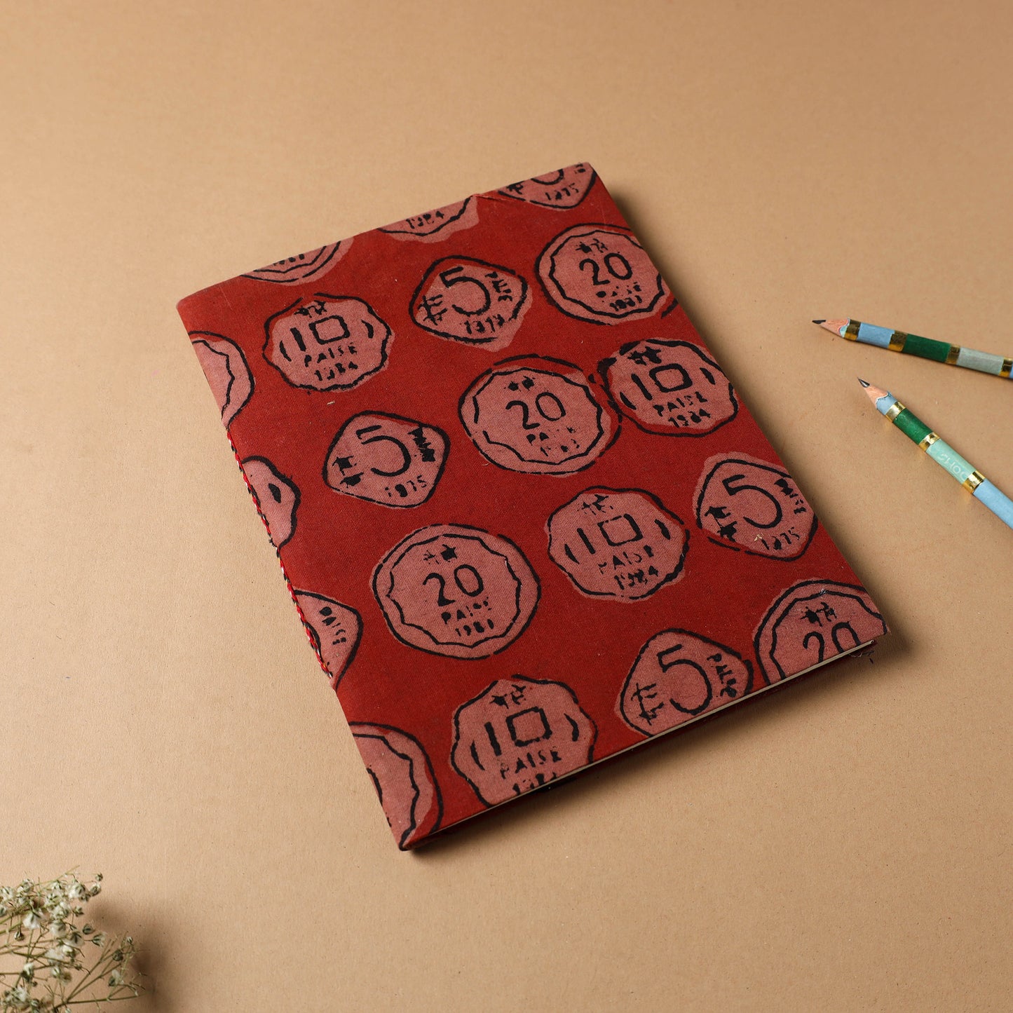 Red - bindaas fabric cover handmade paper notebook (9 x 7