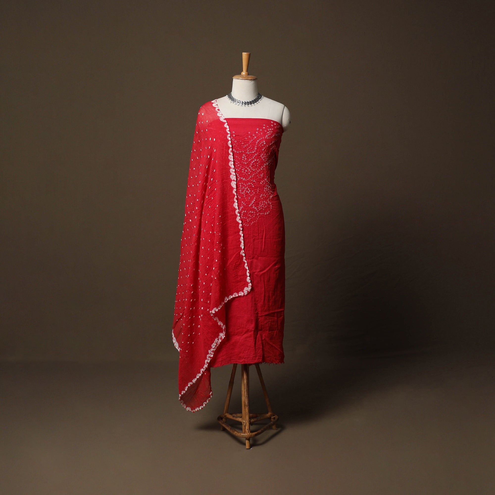 Red Kutch Bandhani Tie-Dye Cotton 3pc Unstitched Dress Material Suit Set