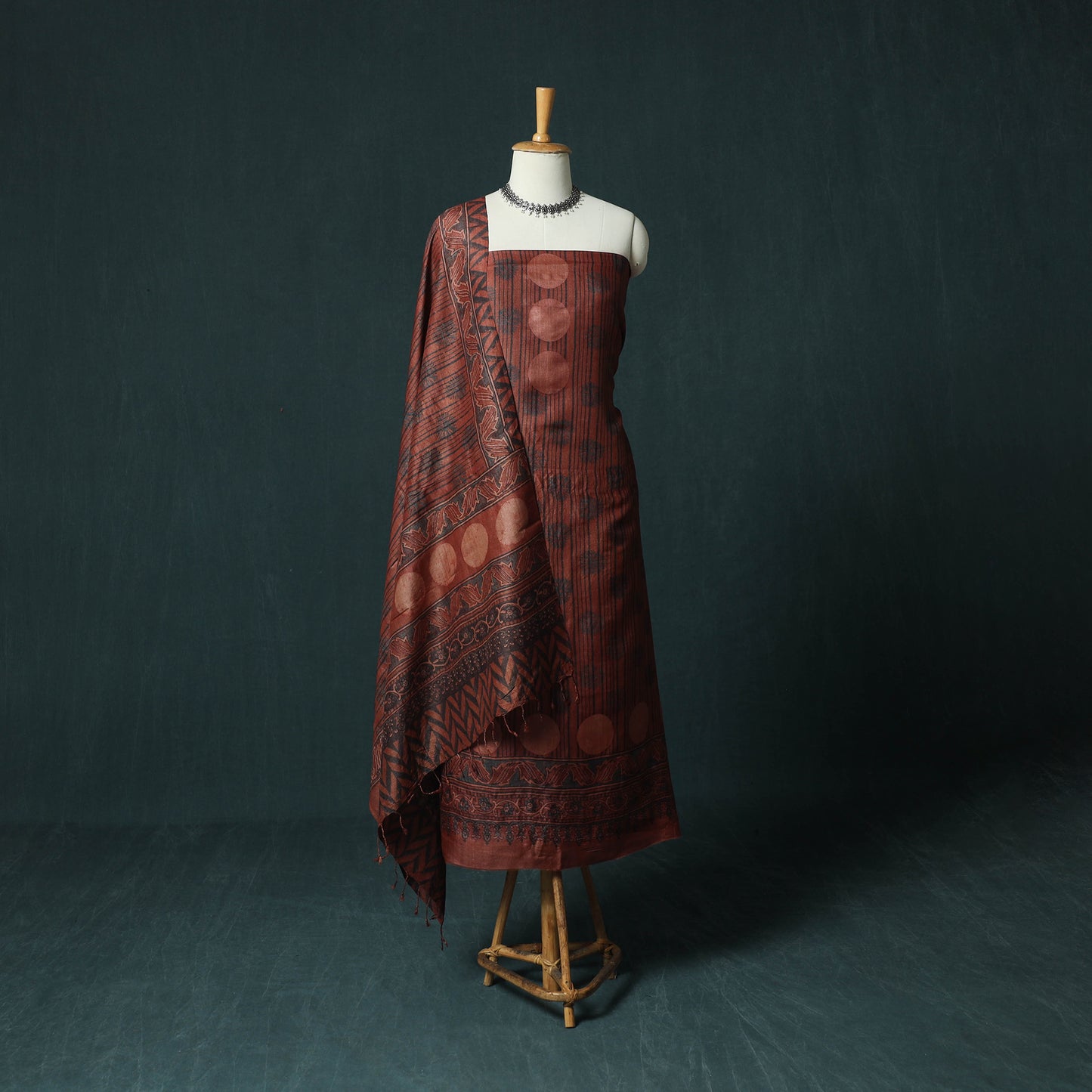 Red - 2pc Ajrakh Hand Block Print Handloom Tussar Silk Natural Dyed Unstitched Dress Material Kurta Set 17