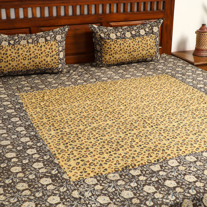 Black - Kalamkari Block Printed Patchwork Cotton Double Bed Cover With Pillow Covers (108 x 90 in)