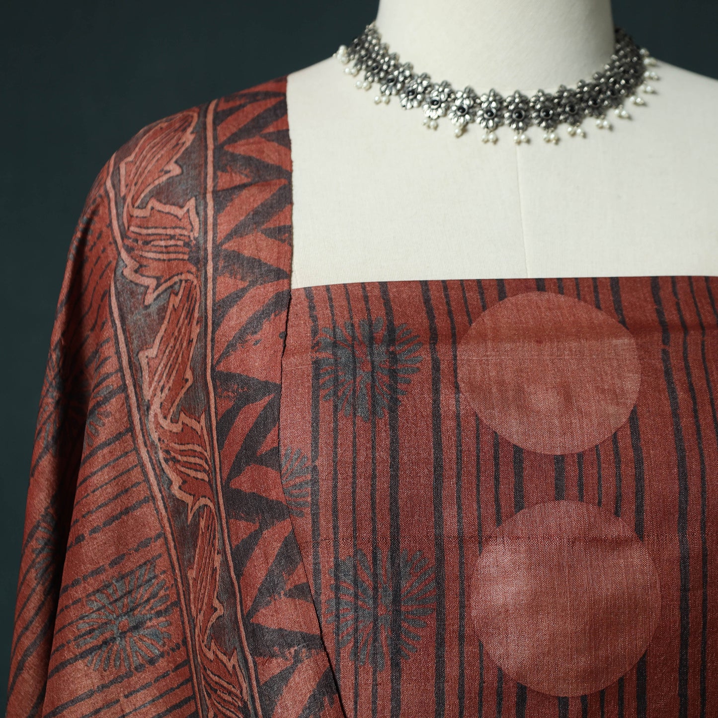 Red - 2pc Ajrakh Hand Block Print Handloom Tussar Silk Natural Dyed Unstitched Dress Material Kurta Set 17