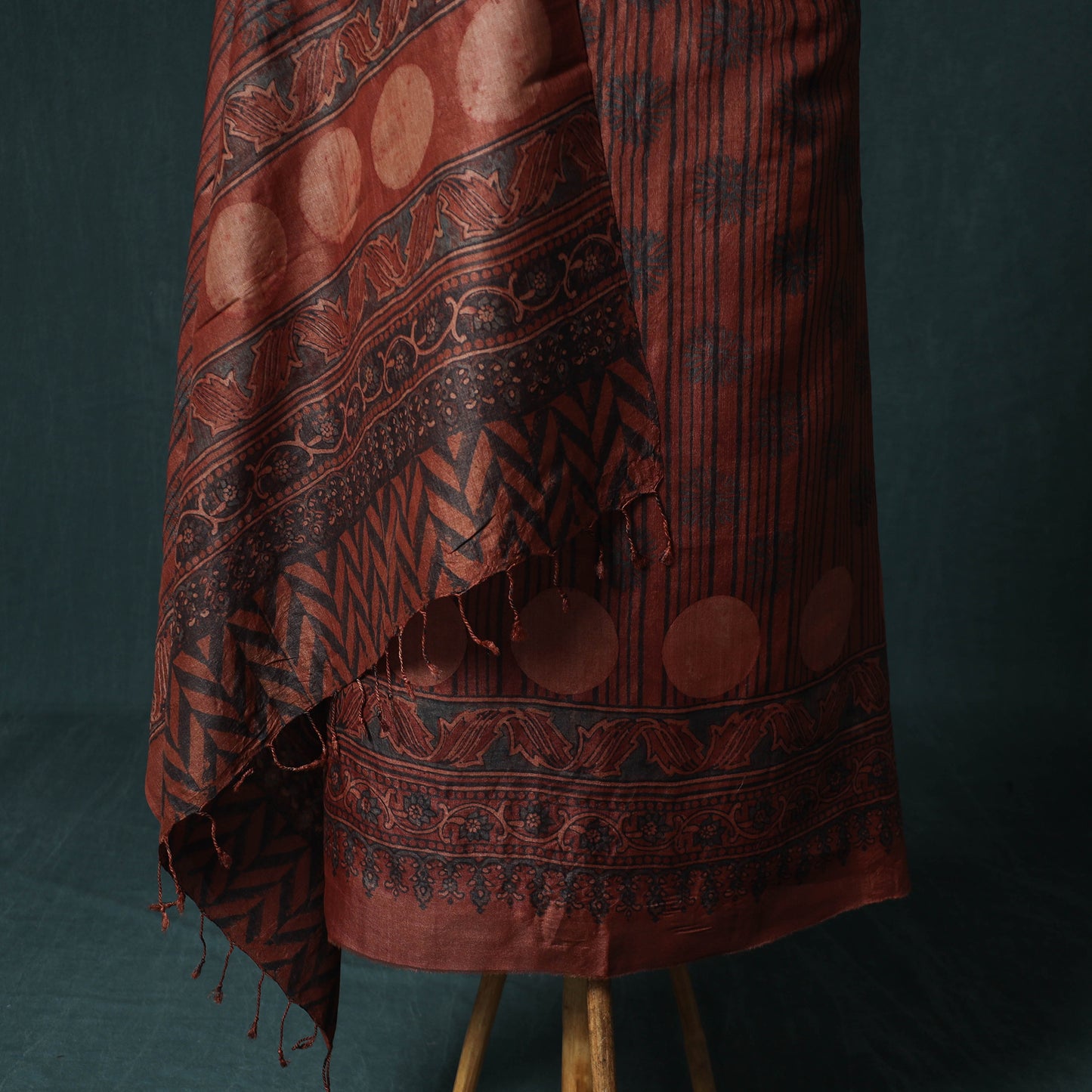 Red - 2pc Ajrakh Hand Block Print Handloom Tussar Silk Natural Dyed Unstitched Dress Material Kurta Set 17