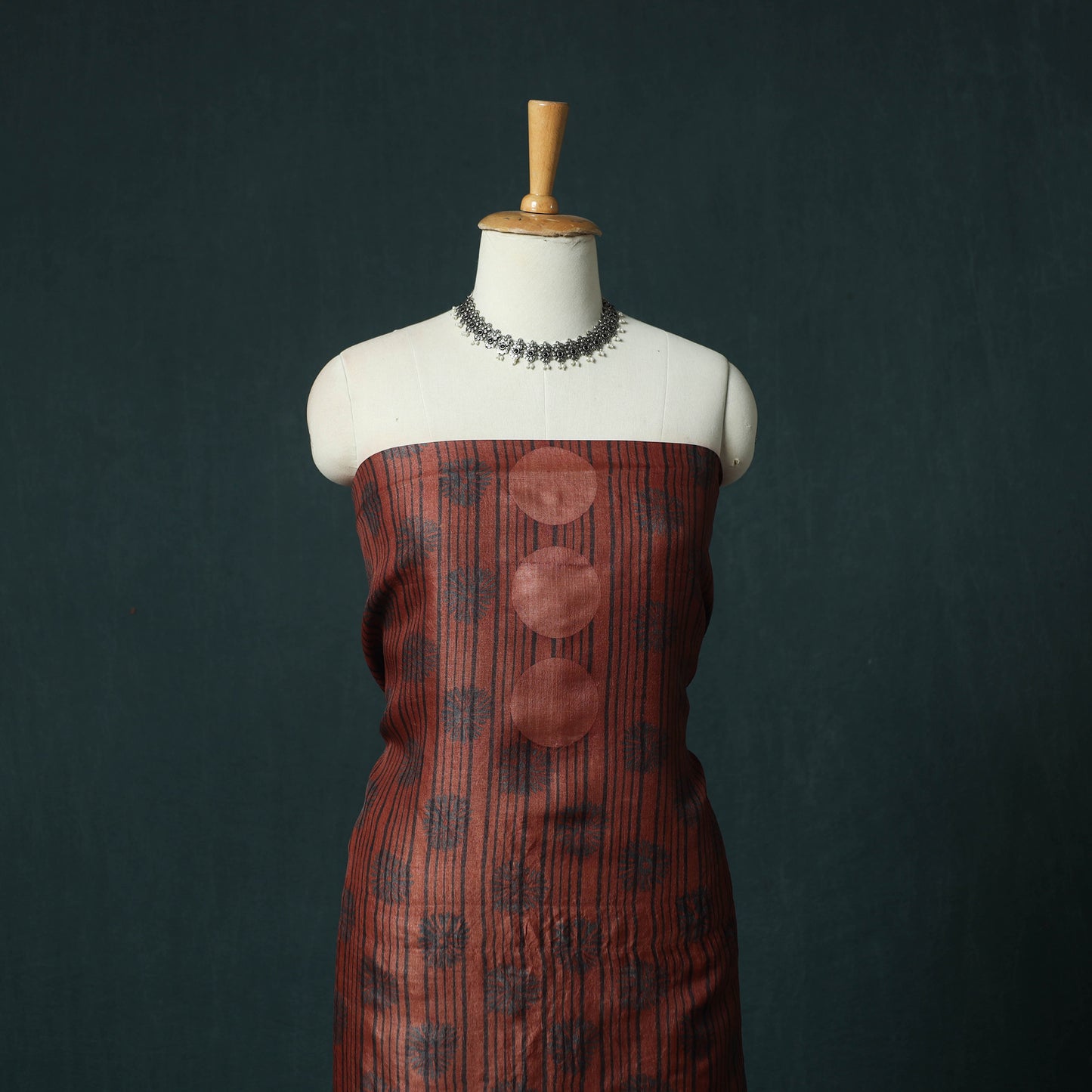 Red - 2pc Ajrakh Hand Block Print Handloom Tussar Silk Natural Dyed Unstitched Dress Material Kurta Set 17