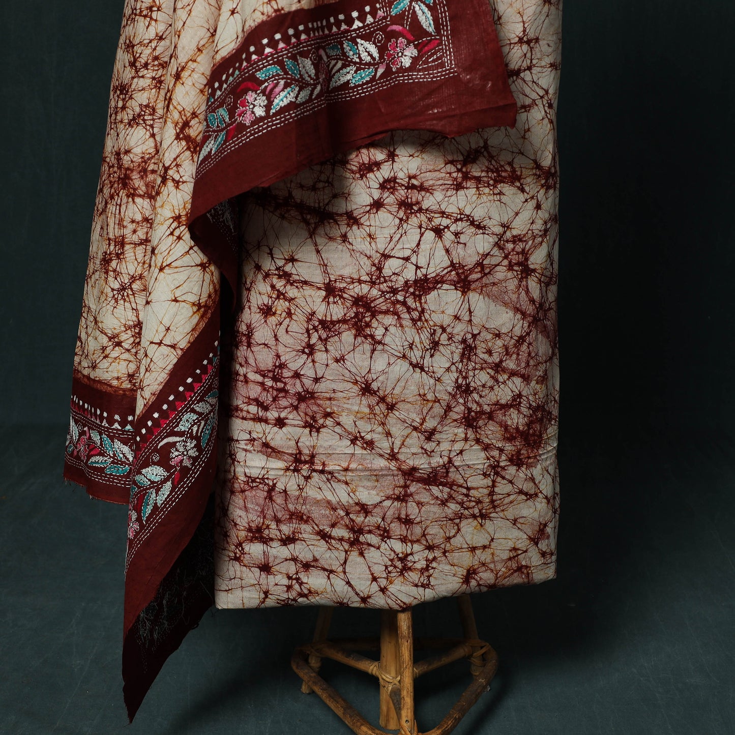 Bengal Kantha Work Cotton 3pc Unstitched Batik Print Dress Material Suit Set 20