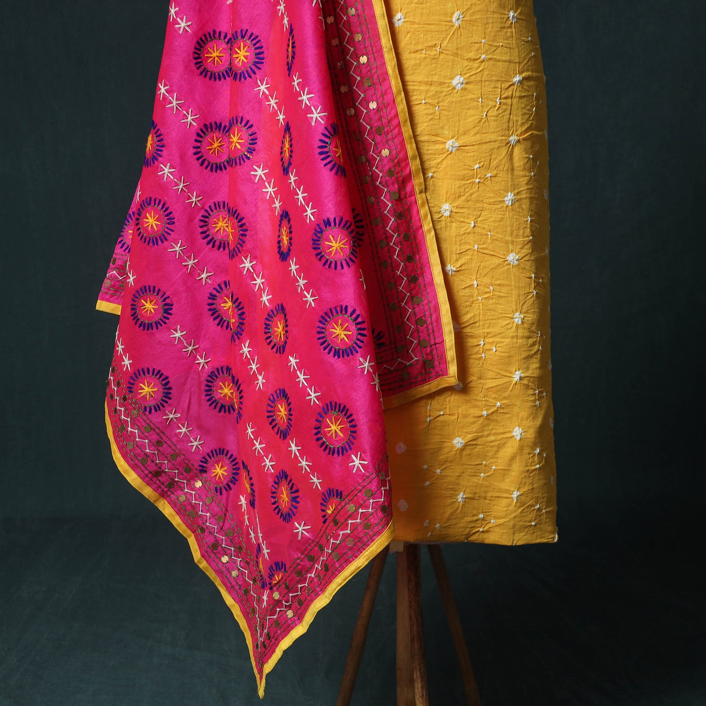 Yellow - Kutch Bandhani Tie-Dye Cotton 2pc Unstitched Dress Material Kurta Set with Earrings 36
