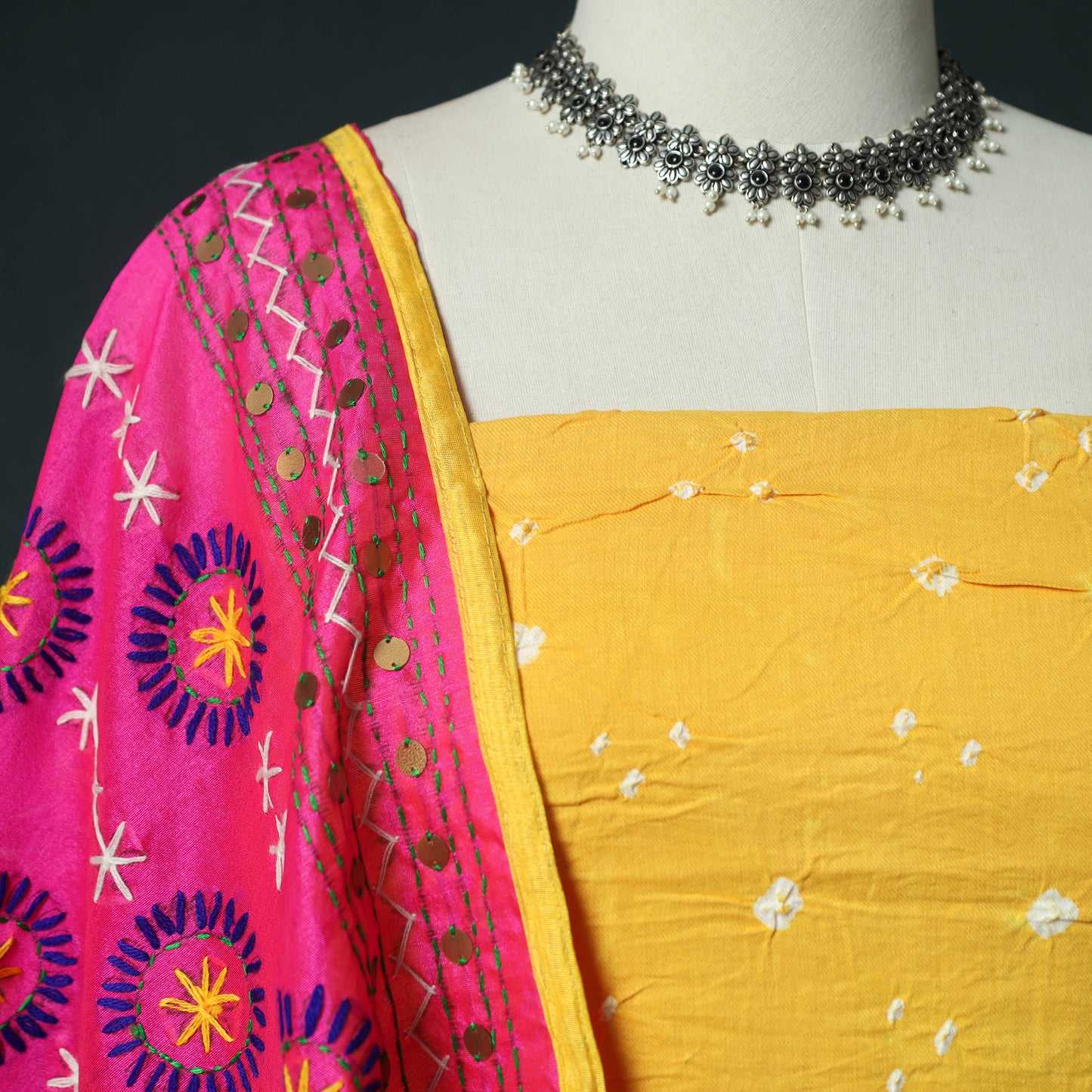 Yellow - Kutch Bandhani Tie-Dye Cotton 2pc Unstitched Dress Material Kurta Set with Earrings 36