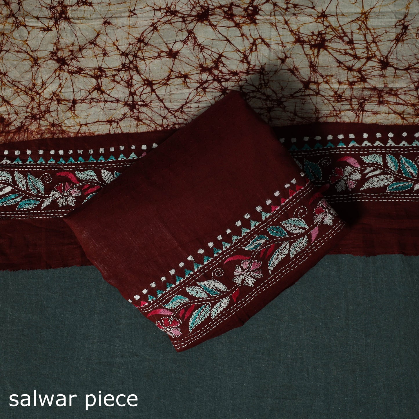 Bengal Kantha Work Cotton 3pc Unstitched Batik Print Dress Material Suit Set 20