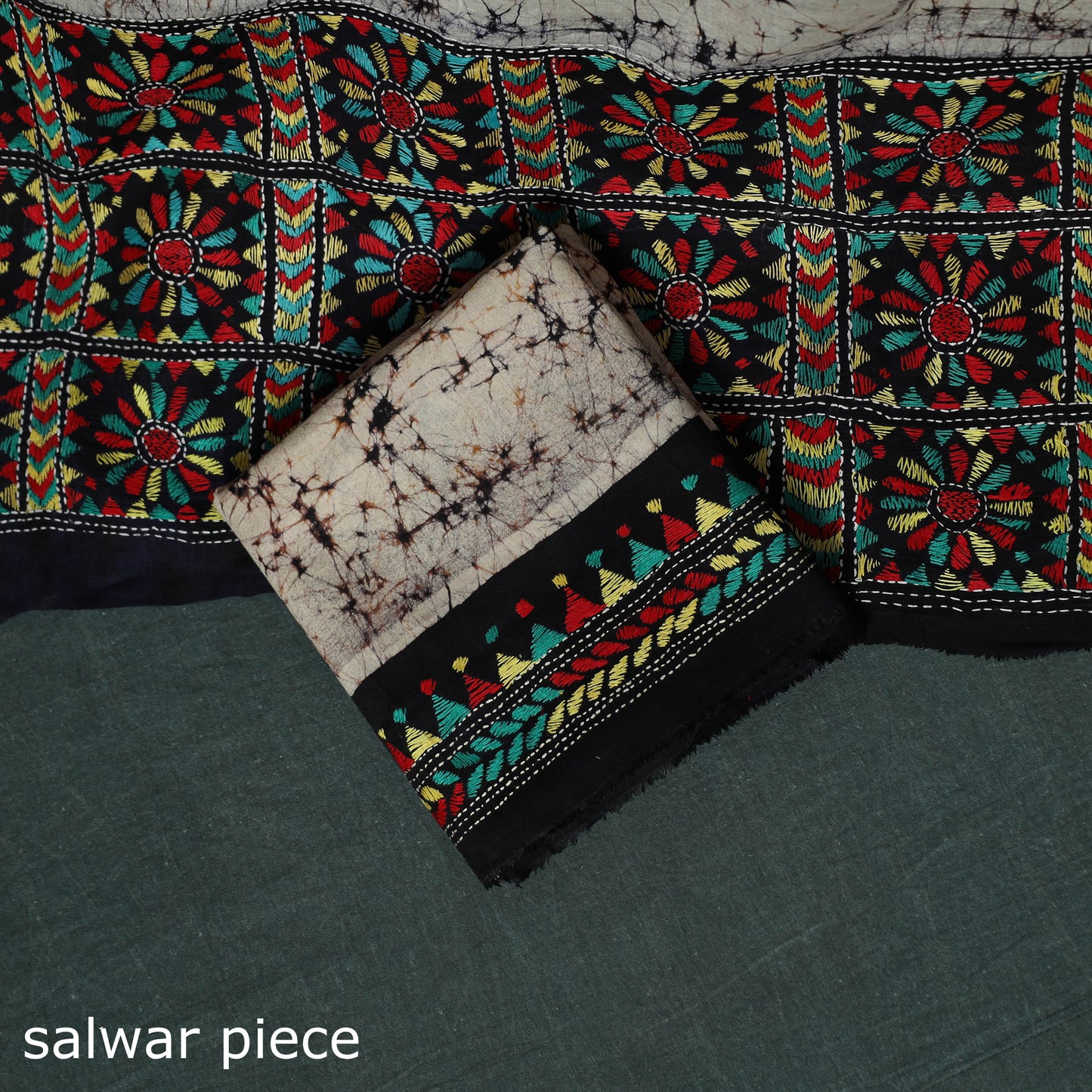 Bengal Kantha Work Cotton 3pc Unstitched Batik Print Dress Material Suit Set 21