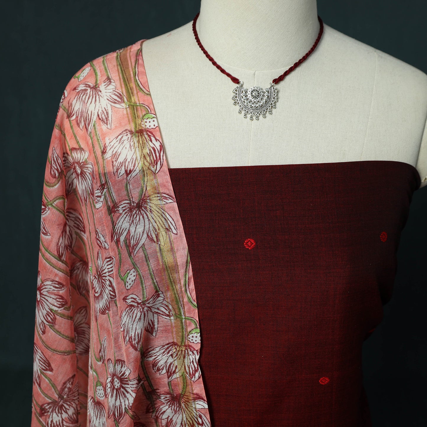 Handloom Mercerised Cotton Thread Buti Chanderi 2pc Unstitched Dress Material Kurta Set with Jewellery 01