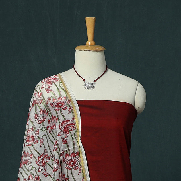 Handloom Maheshwari Cotton 2pc Unstitched Dress Material Kurta Set with Jewellery 02