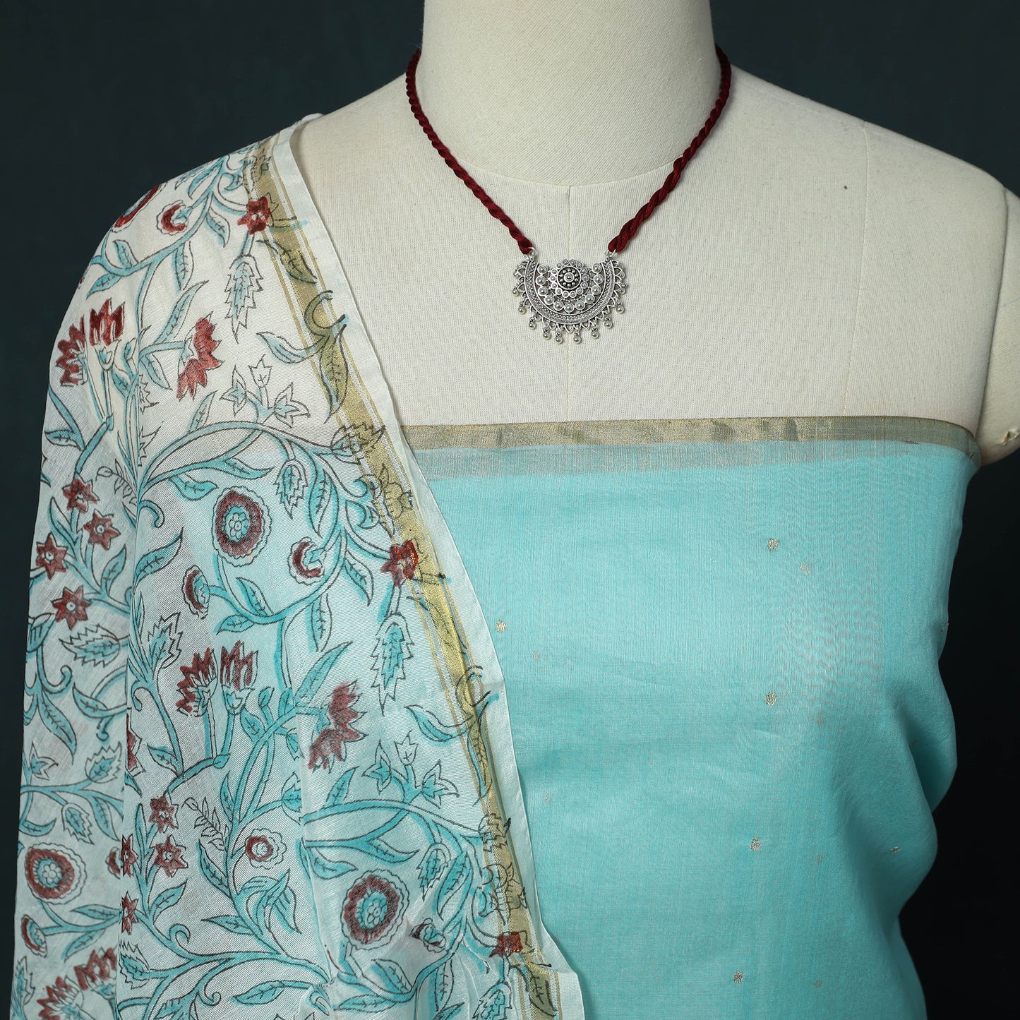 Handloom Zari Buti Chanderi Silk 2pc Unstitched Dress Material Kurta Set with Jewellery 07