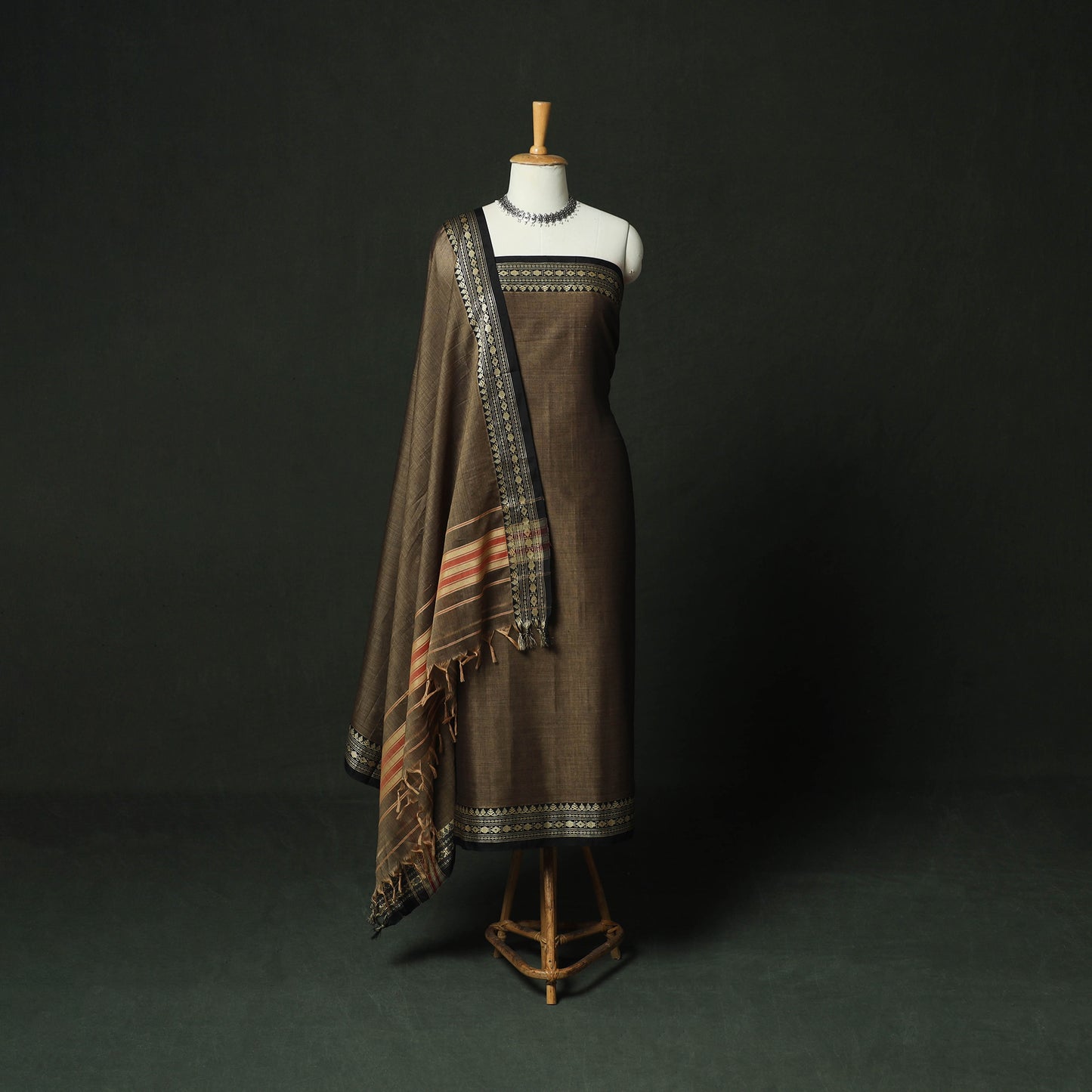 Brown - Dharwad Woven Mercerised Cotton 3pc Unstitched Dress Material Suit Set 10