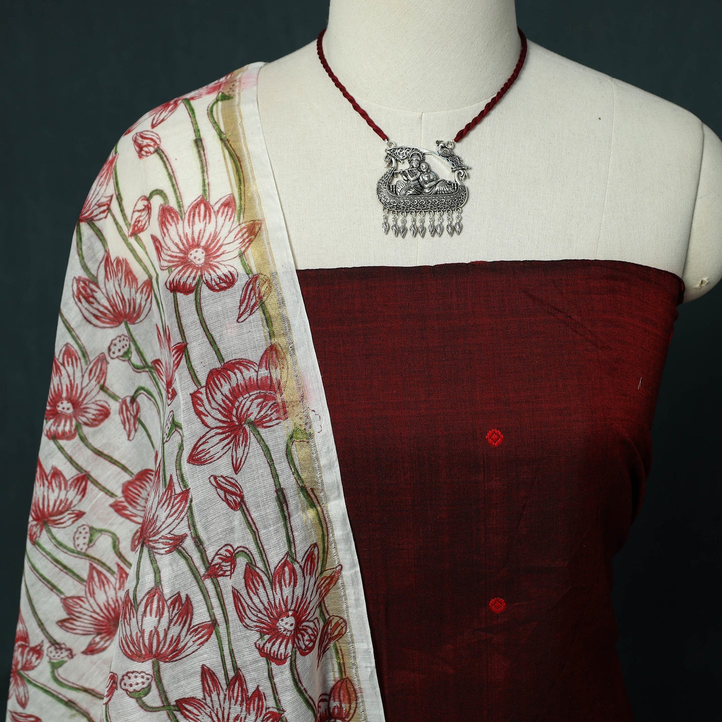 Handloom Mercerised Cotton Thread Buti Chanderi 2pc Unstitched Dress Material Kurta Set with Jewellery 09