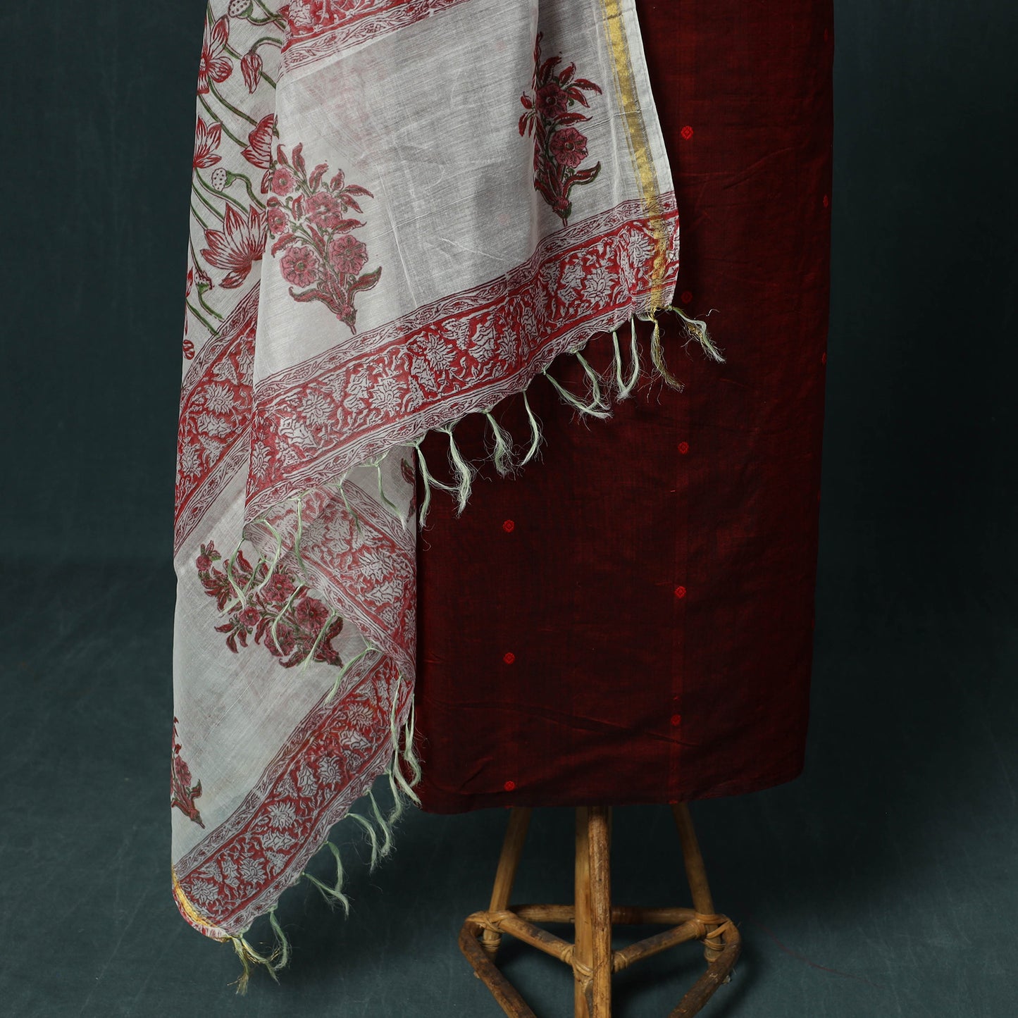 Handloom Mercerised Cotton Thread Buti Chanderi 2pc Unstitched Dress Material Kurta Set with Jewellery 09