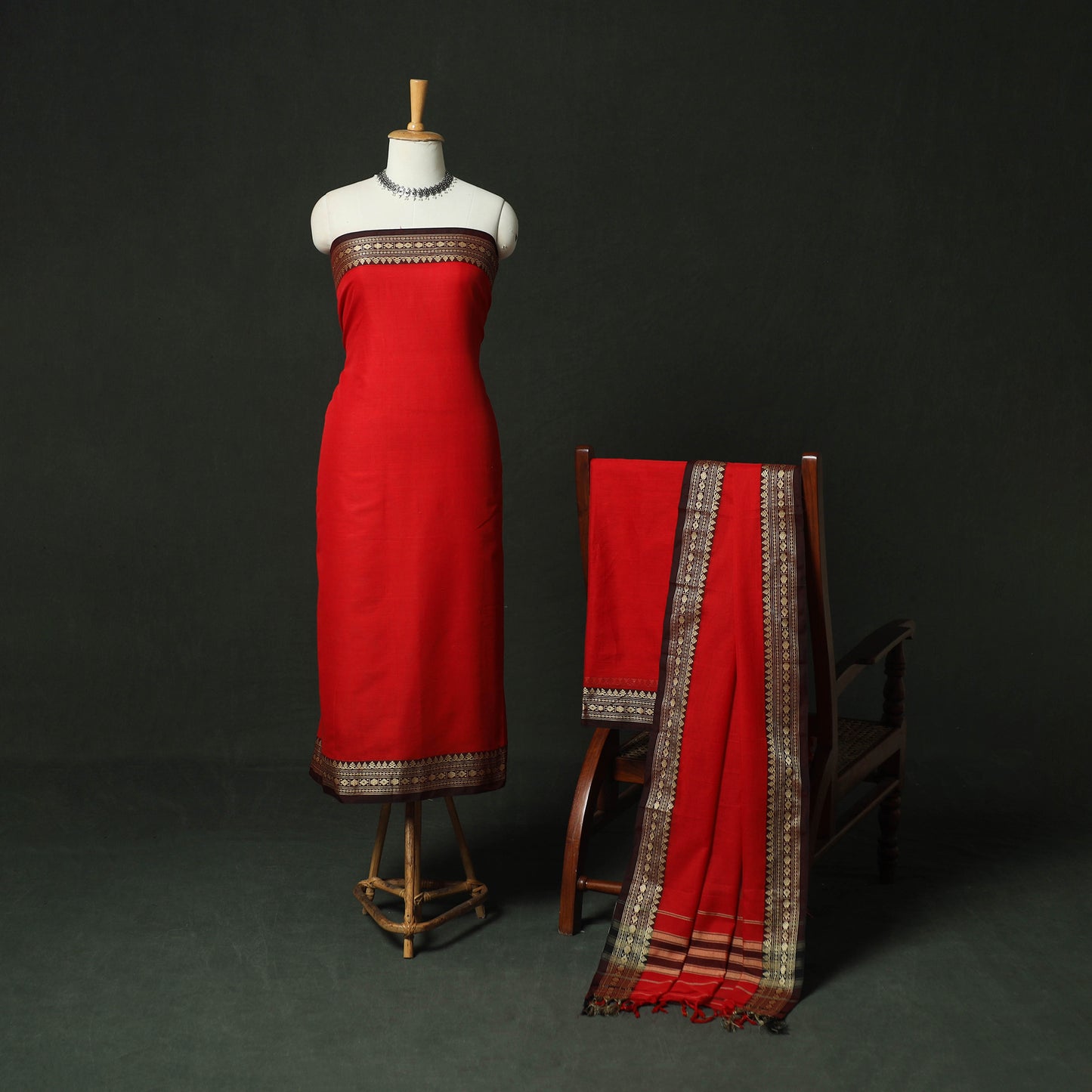 Red - Dharwad Woven Mercerised Cotton 3pc Unstitched Dress Material Suit Set 11