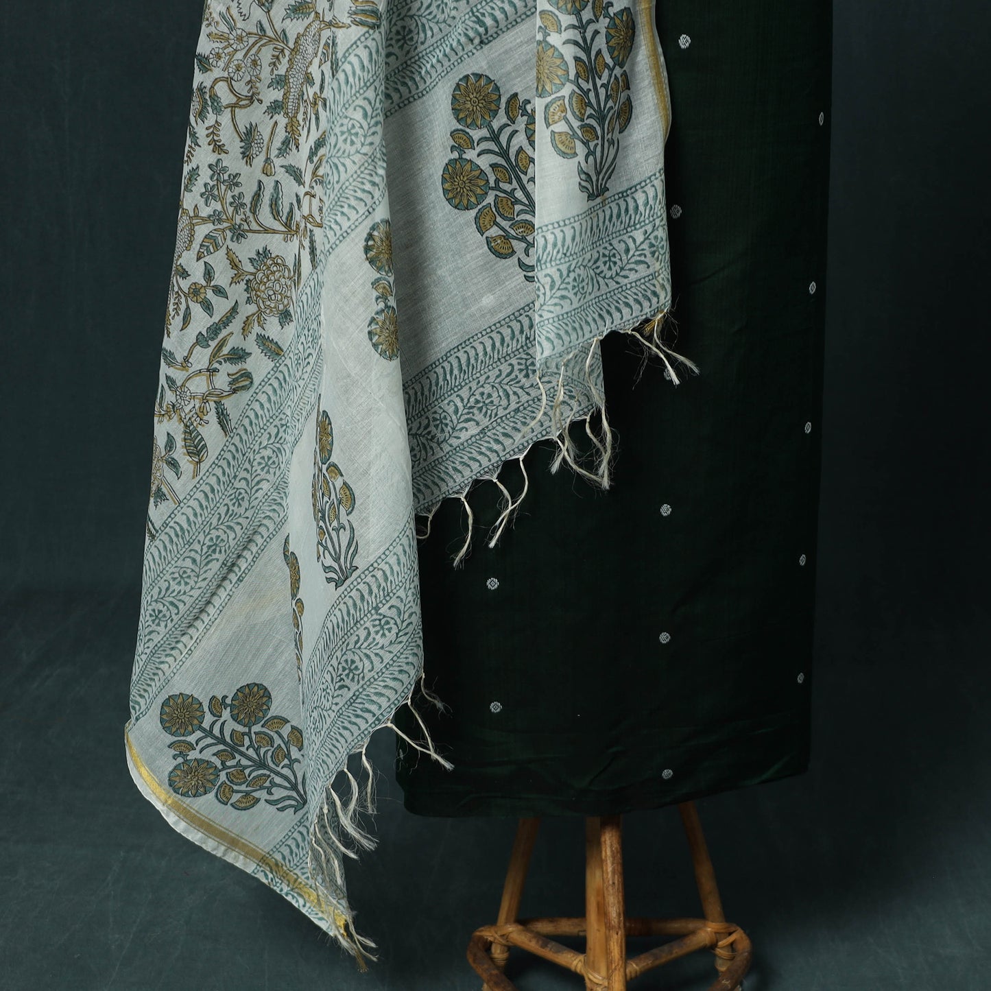 Handloom Mercerised Cotton Thread Buti Chanderi 2pc Unstitched Dress Material Kurta Set with Jewellery 10