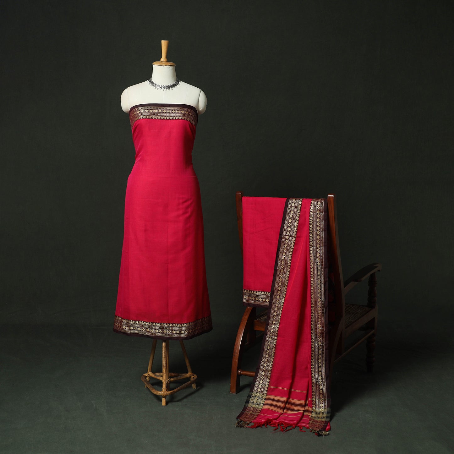 Red - Dharwad Woven Mercerised Cotton 3pc Unstitched Dress Material Suit Set 12