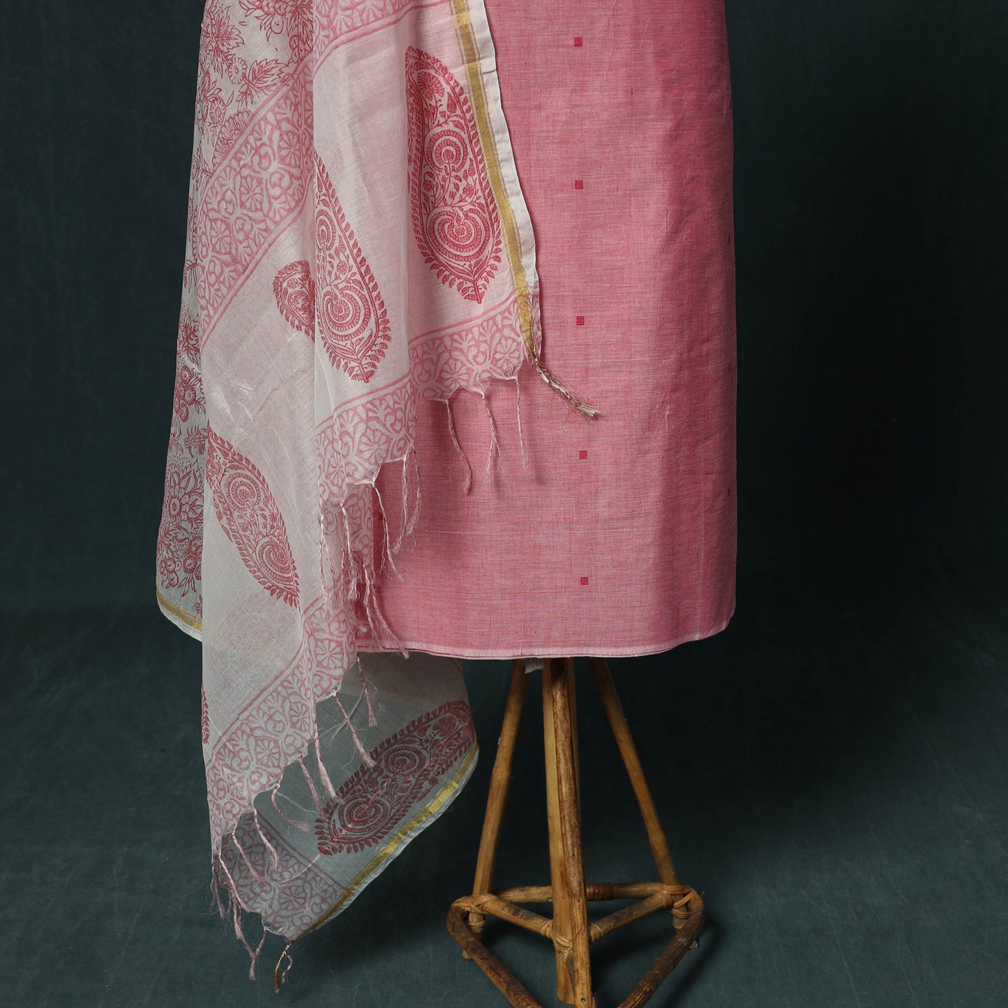 Handloom Mercerised Cotton Thread Buti Chanderi 2pc Unstitched Dress Material Kurta Set with Jewellery 13