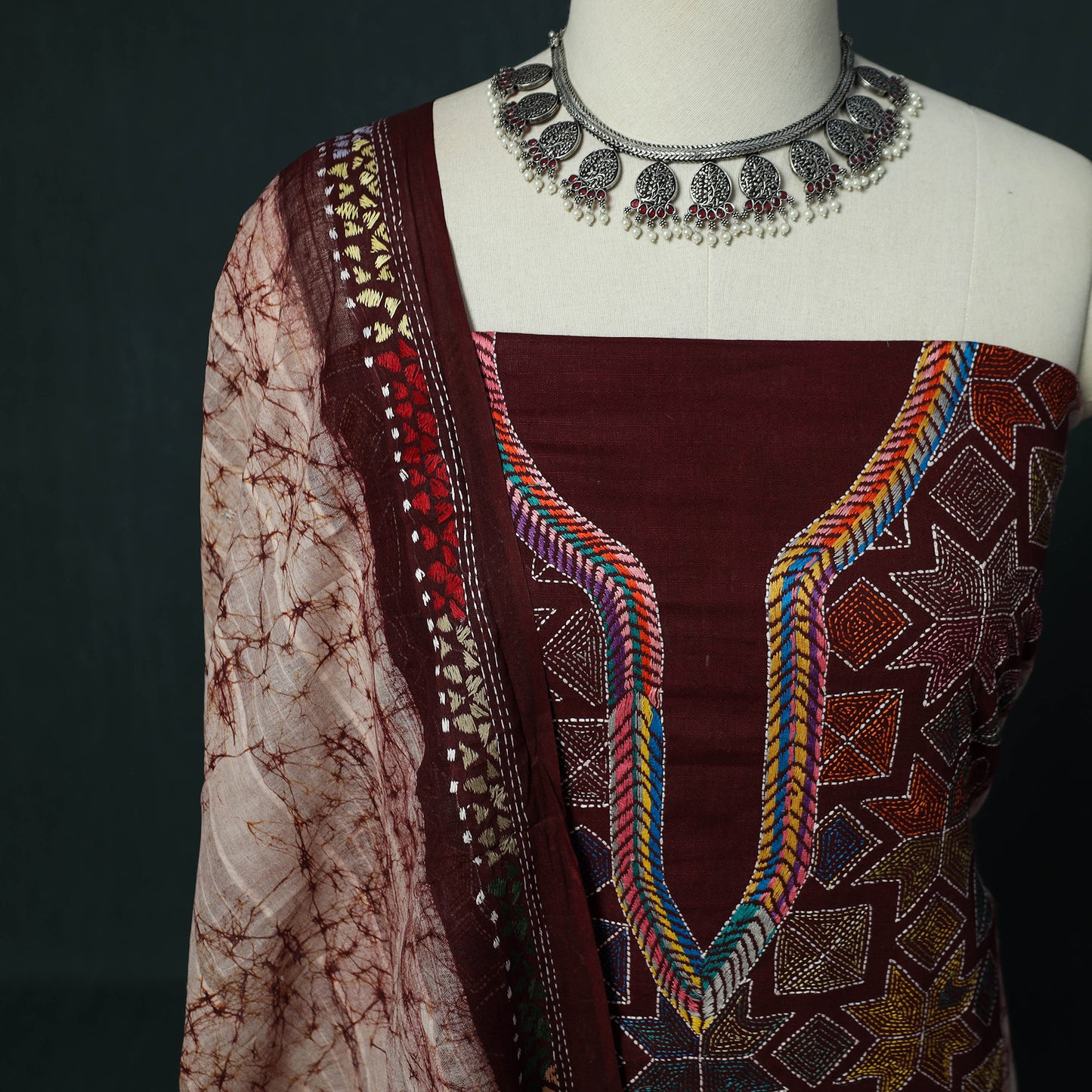 Bengal Kantha Work Cotton 2pc Unstitched Batik Print Dress Material Kurta Set 15