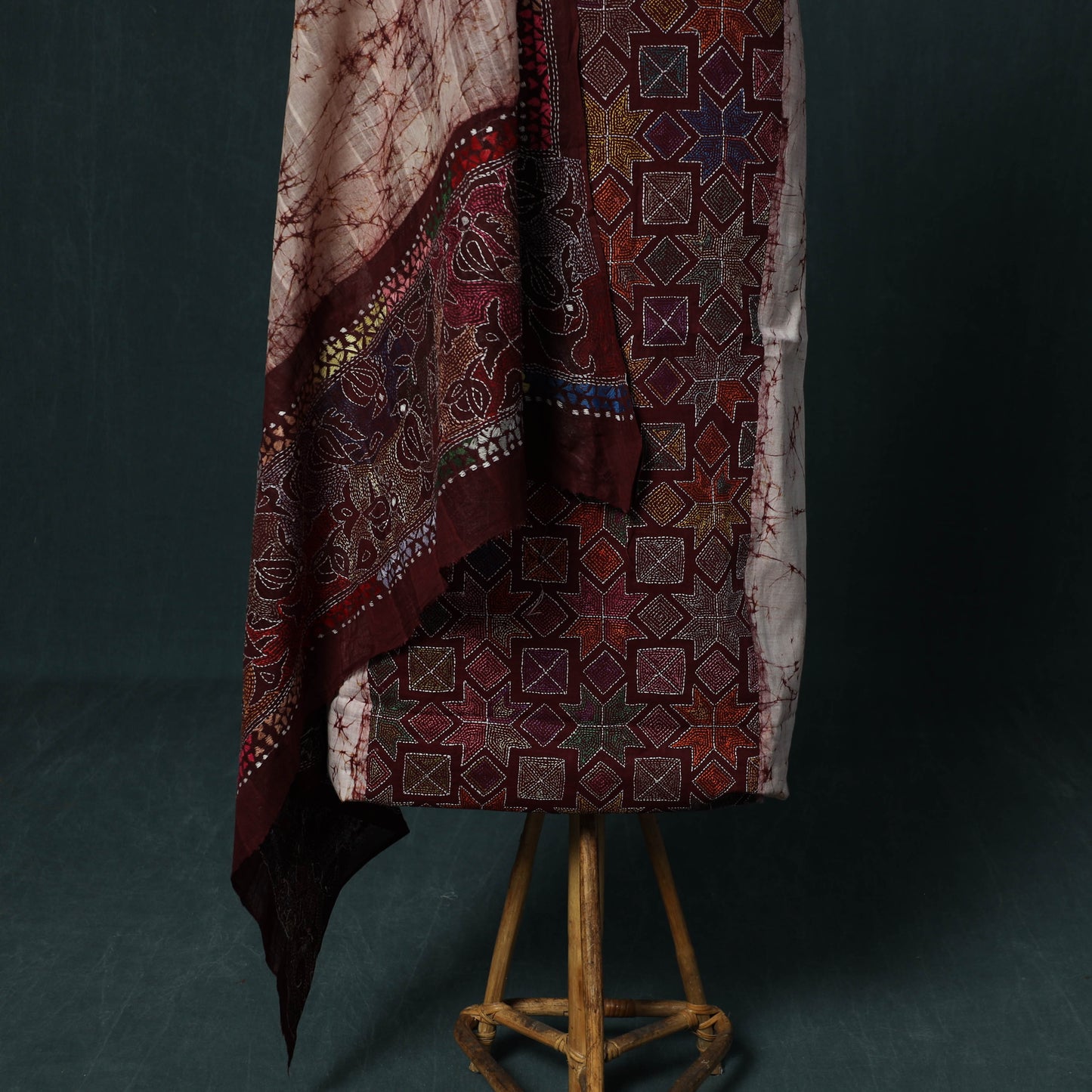 Bengal Kantha Work Cotton 2pc Unstitched Batik Print Dress Material Kurta Set 15
