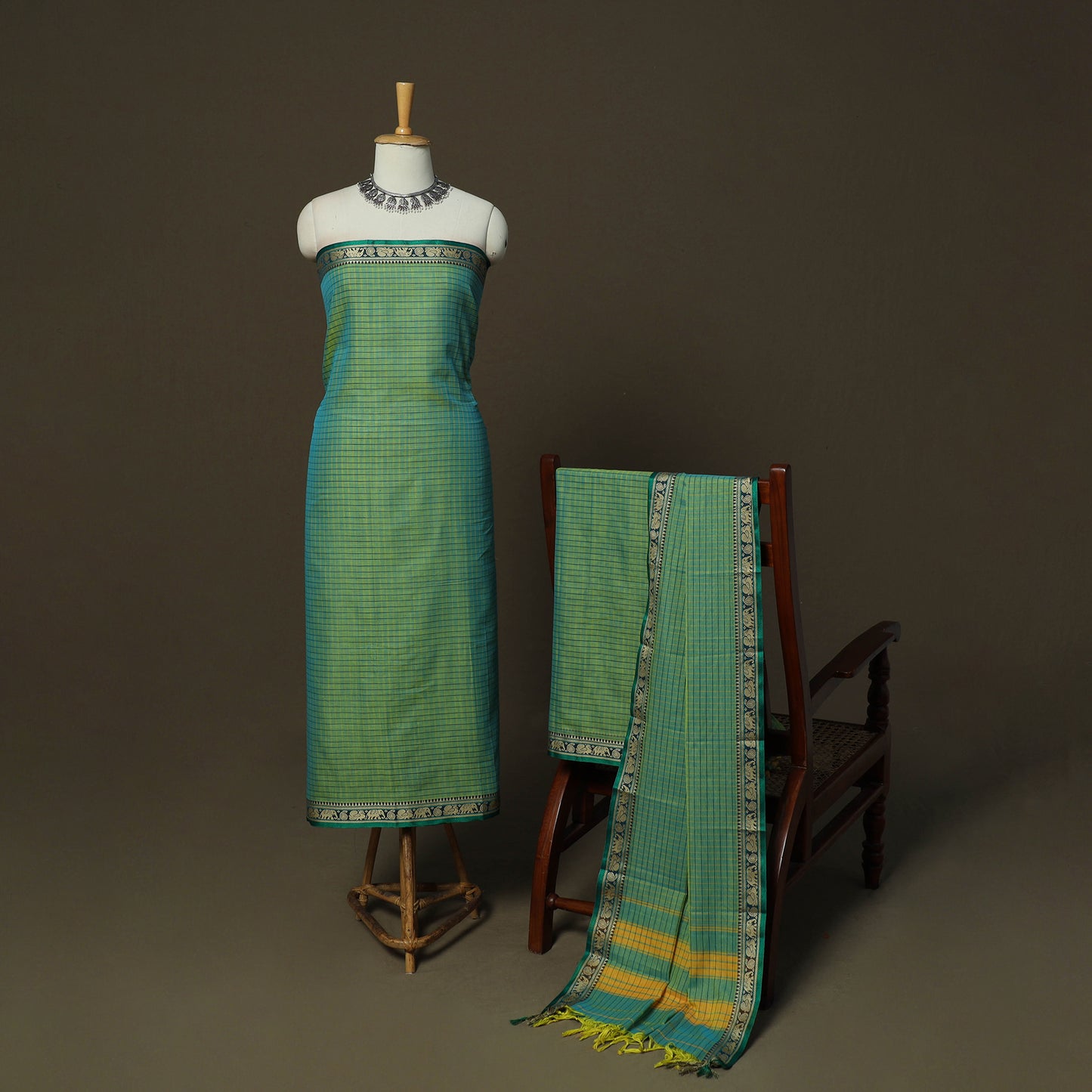 Dharwad Checks Mercerised Cotton 3pc Unstitched Dress Material Suit Set with Woven Border 01