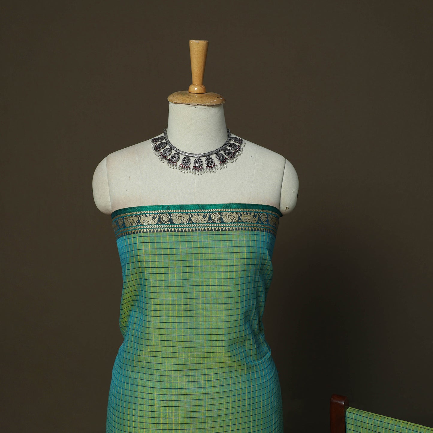 Dharwad Checks Mercerised Cotton 3pc Unstitched Dress Material Suit Set with Woven Border 01