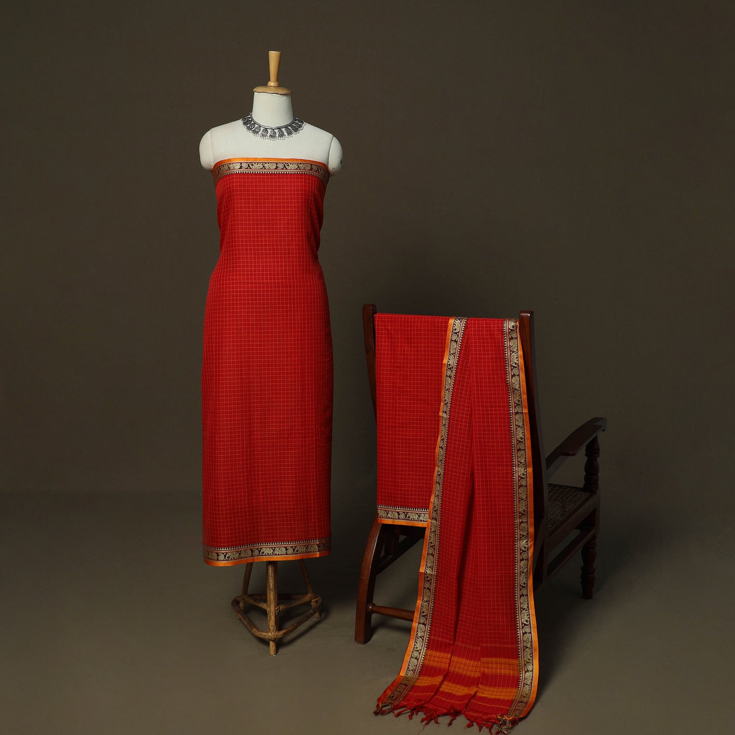 Dharwad Checks Mercerised Cotton 3pc Unstitched Dress Material Suit Set with Woven Border 02