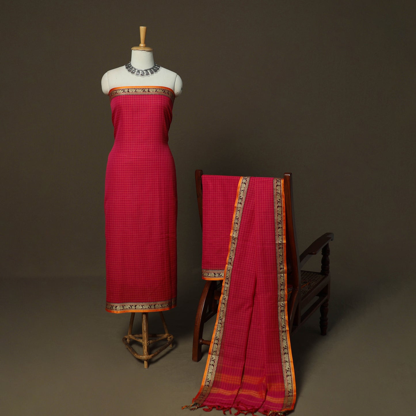 Dharwad Checks Mercerised Cotton 3pc Unstitched Dress Material Suit Set with Woven Border 03