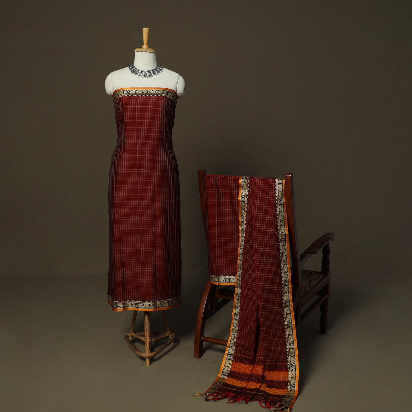 Dharwad Checks Mercerised Cotton 3pc Unstitched Dress Material Suit Set with Woven Border 04