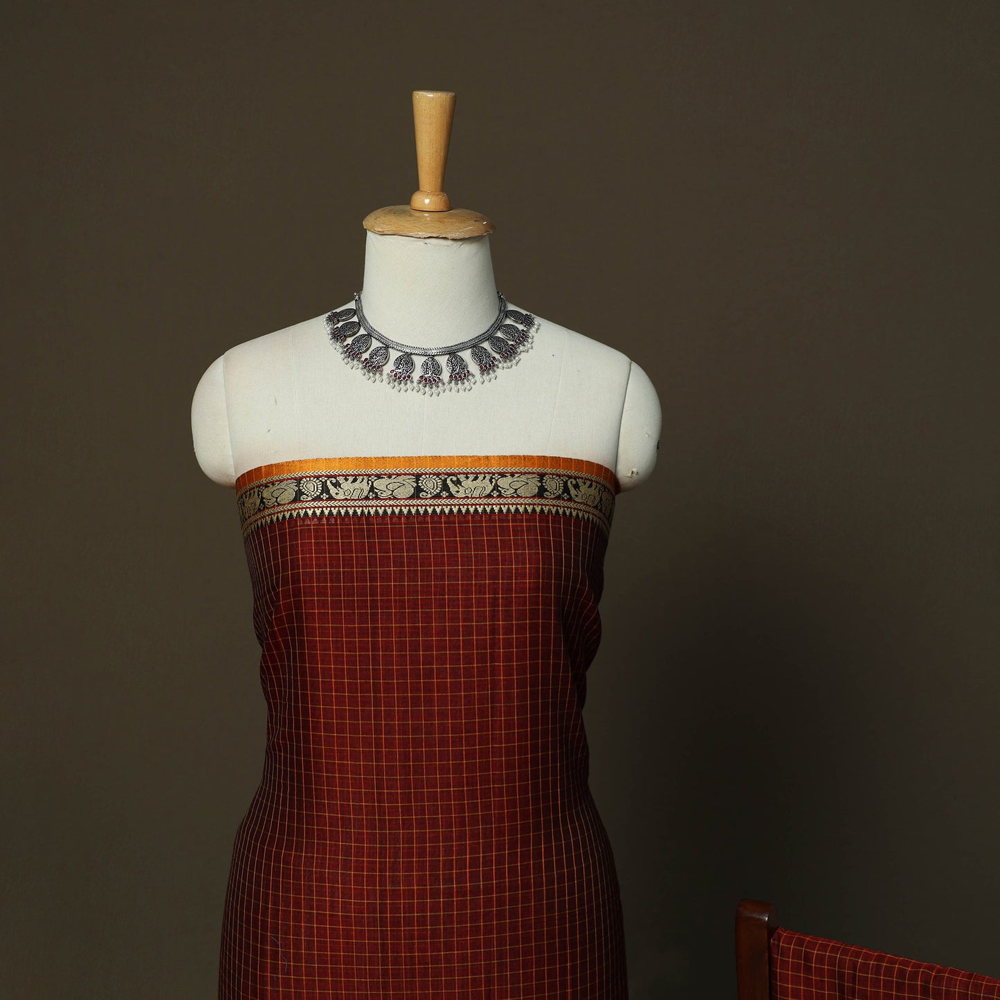 Dharwad Checks Mercerised Cotton 3pc Unstitched Dress Material Suit Set with Woven Border 04