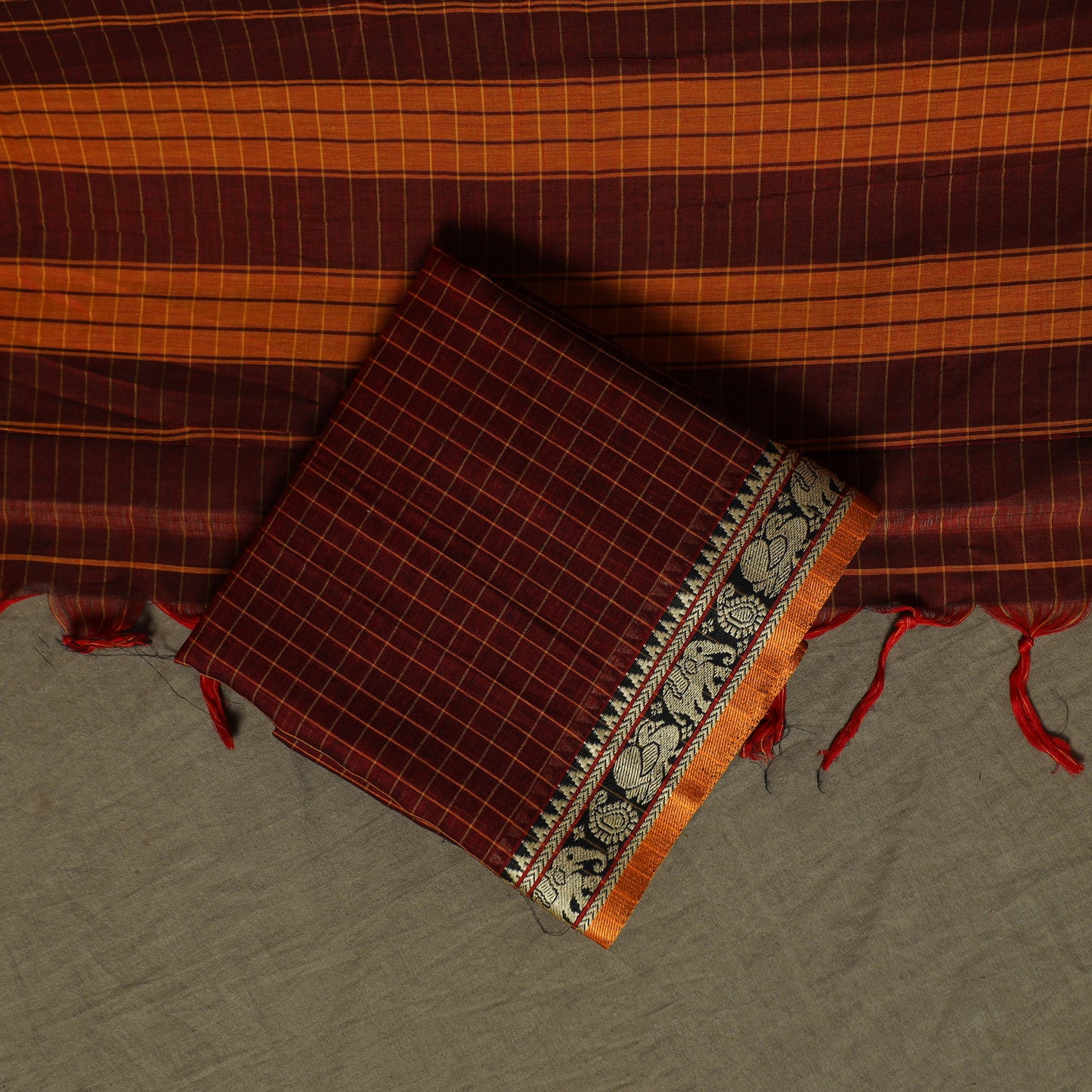 Dharwad Checks Mercerised Cotton 3pc Unstitched Dress Material Suit Set with Woven Border 04