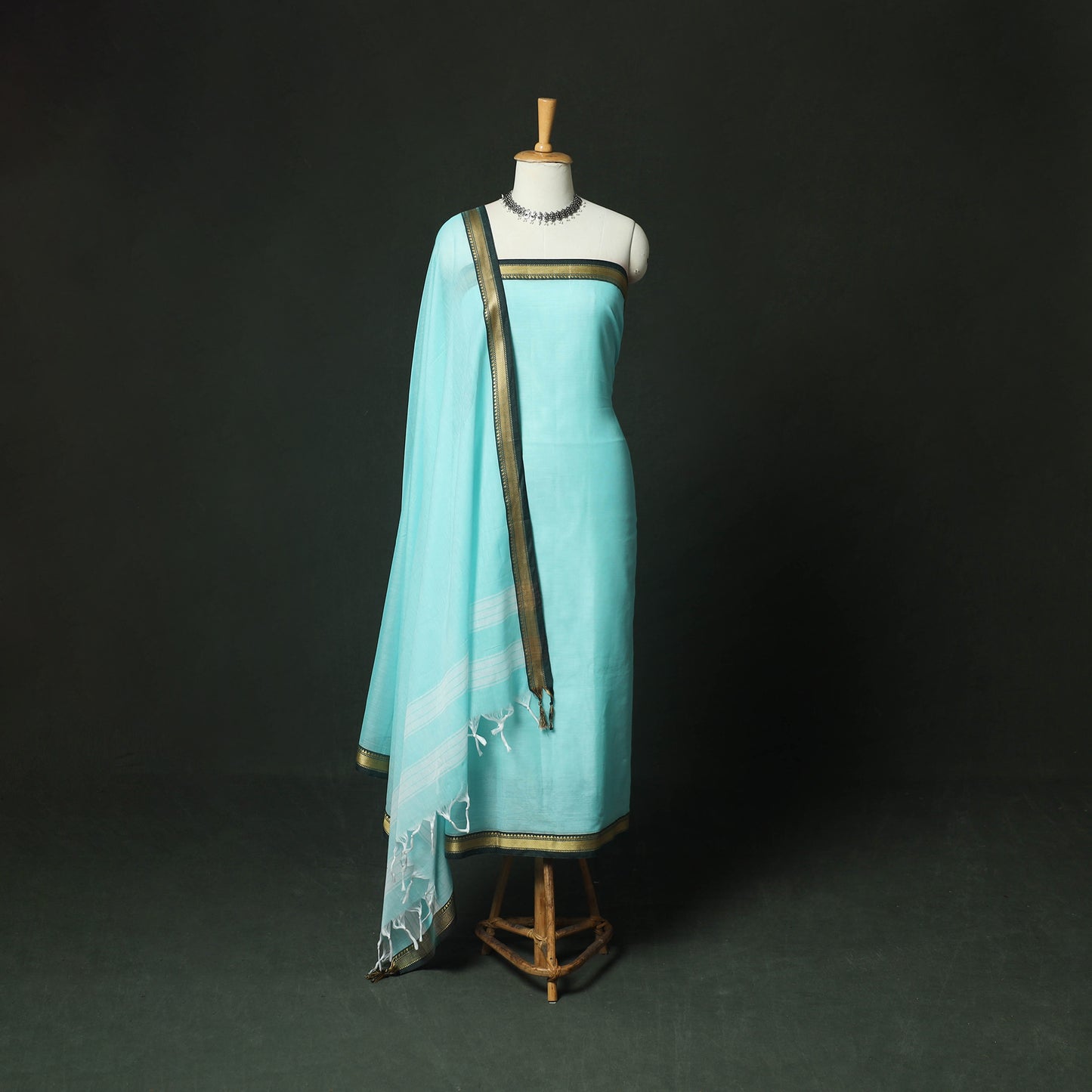 Blue - Dharwad Woven Mercerised Cotton 3pc Unstitched Dress Material Suit Set 22