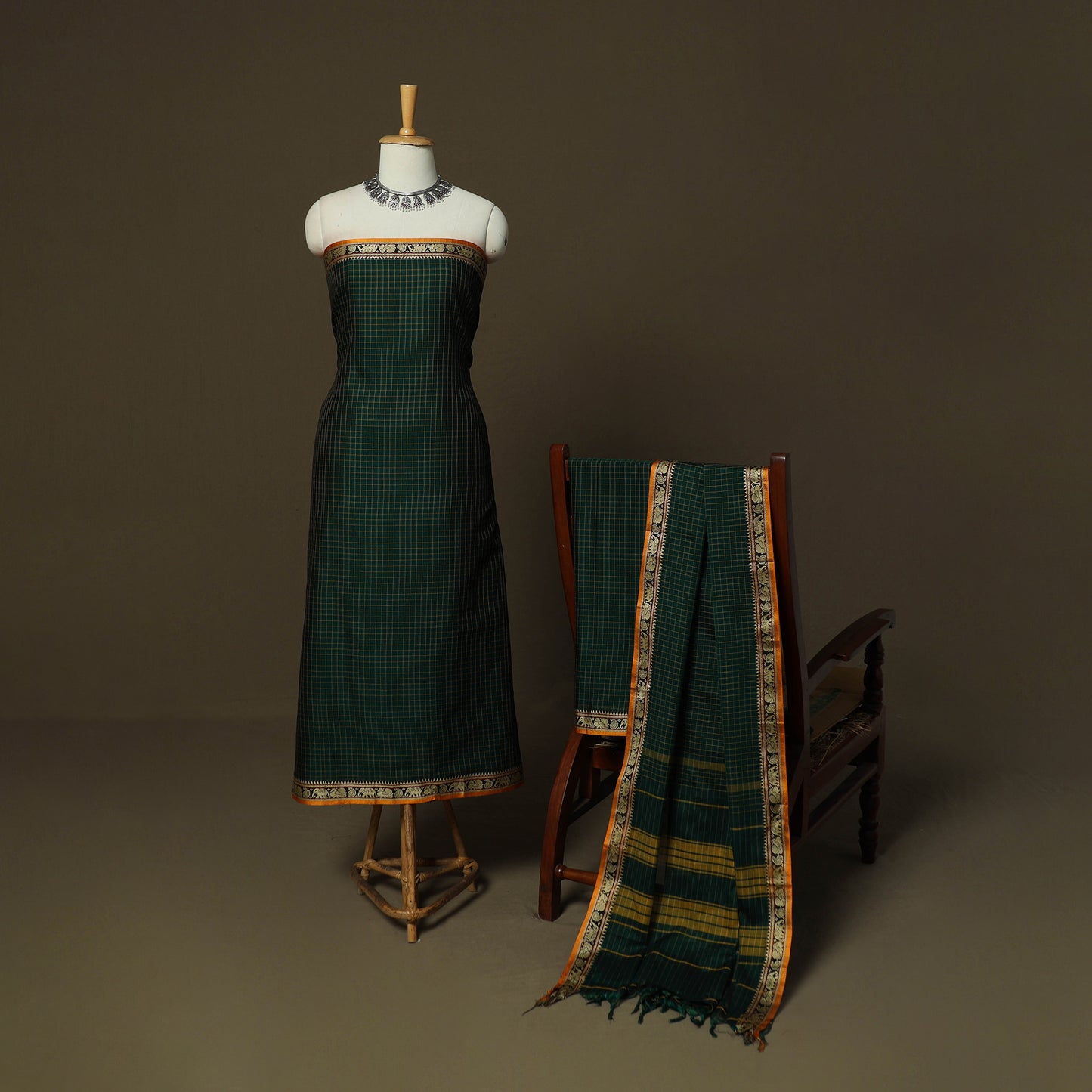 Dharwad Checks Mercerised Cotton 3pc Unstitched Dress Material Suit Set with Woven Border 10