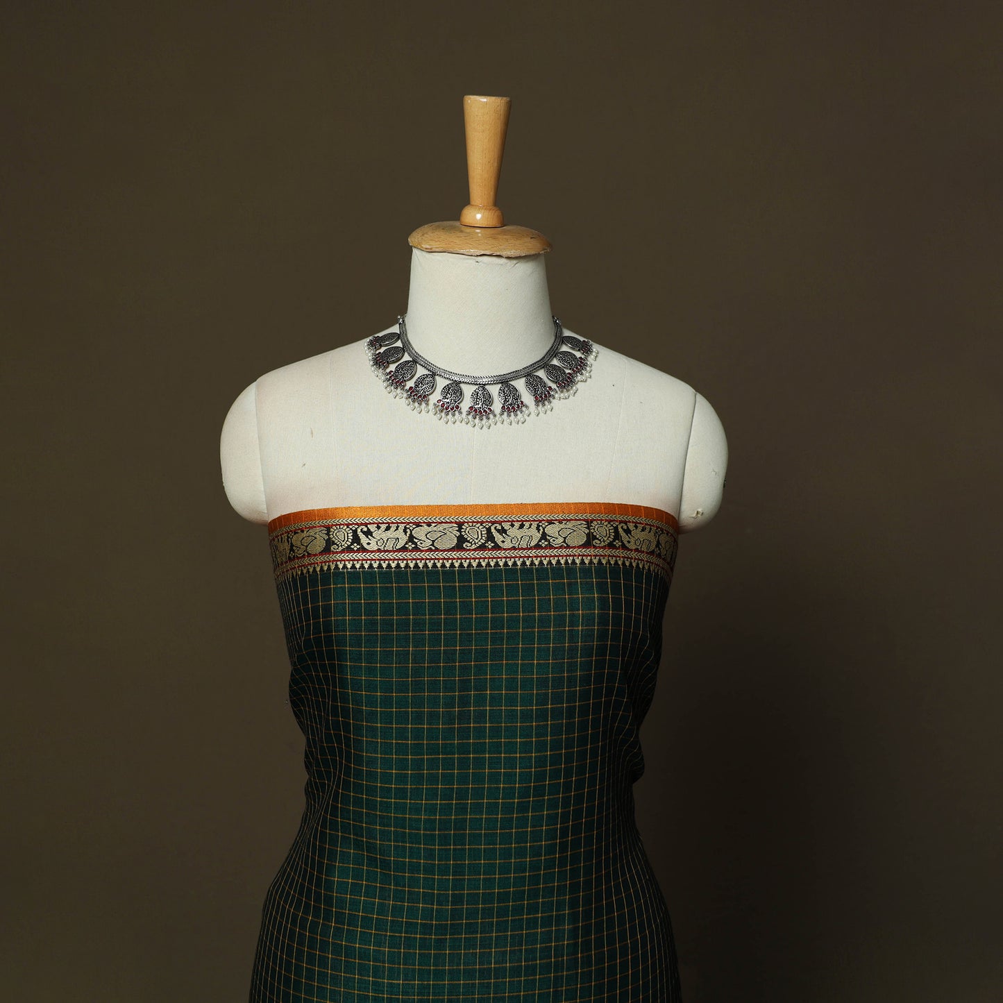 Dharwad Checks Mercerised Cotton 3pc Unstitched Dress Material Suit Set with Woven Border 10