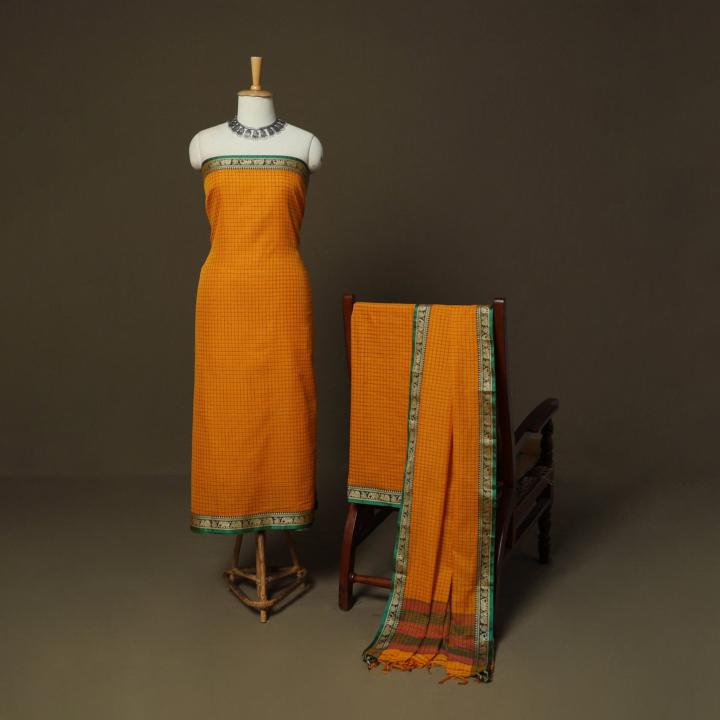 Dharwad Checks Mercerised Cotton 3pc Unstitched Dress Material Suit Set with Woven Border 11