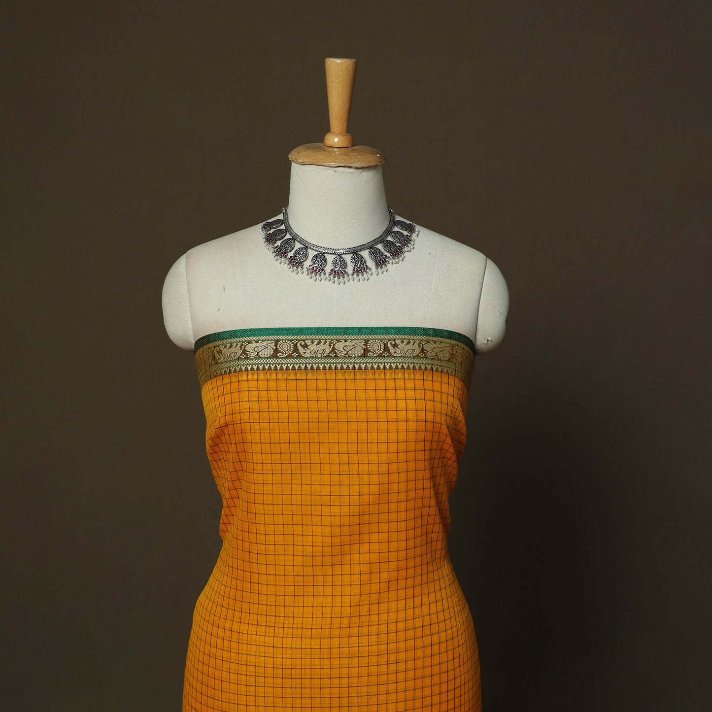 Dharwad Checks Mercerised Cotton 3pc Unstitched Dress Material Suit Set with Woven Border 11