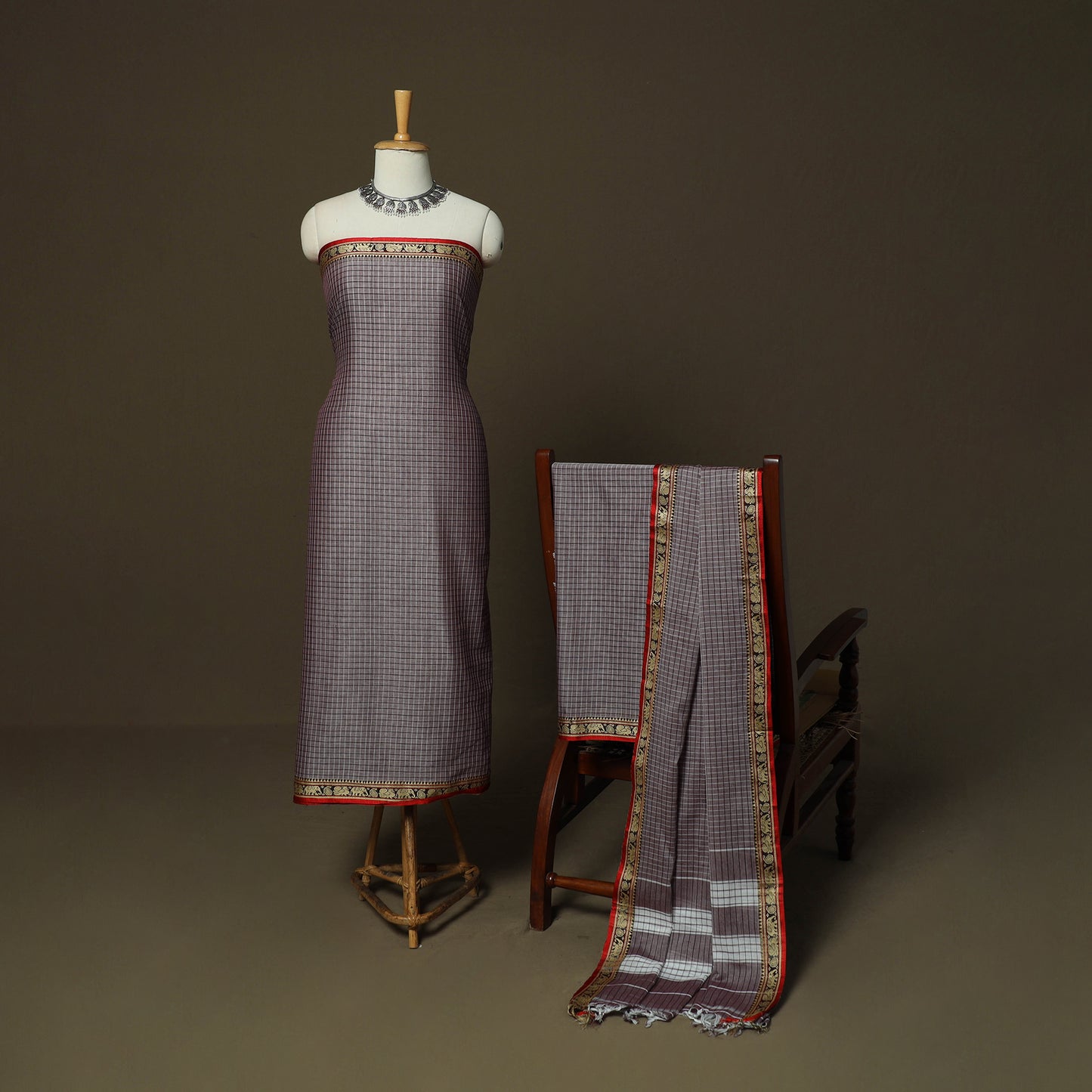 Dharwad Checks Mercerised Cotton 3pc Unstitched Dress Material Suit Set with Woven Border 12