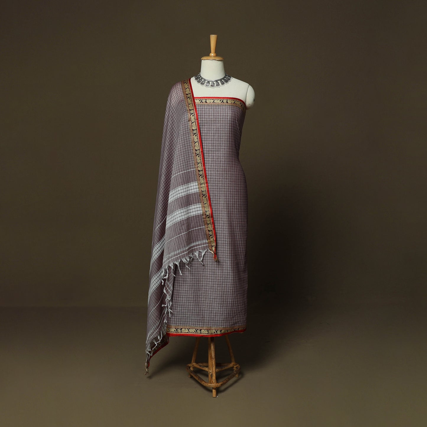 Dharwad Checks Mercerised Cotton 3pc Unstitched Dress Material Suit Set with Woven Border 12