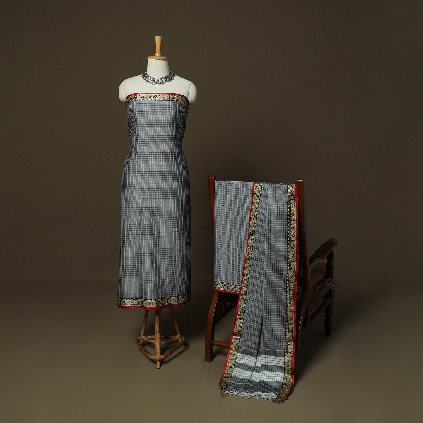 Dharwad Checks Mercerised Cotton 3pc Unstitched Dress Material Suit Set with Woven Border 13