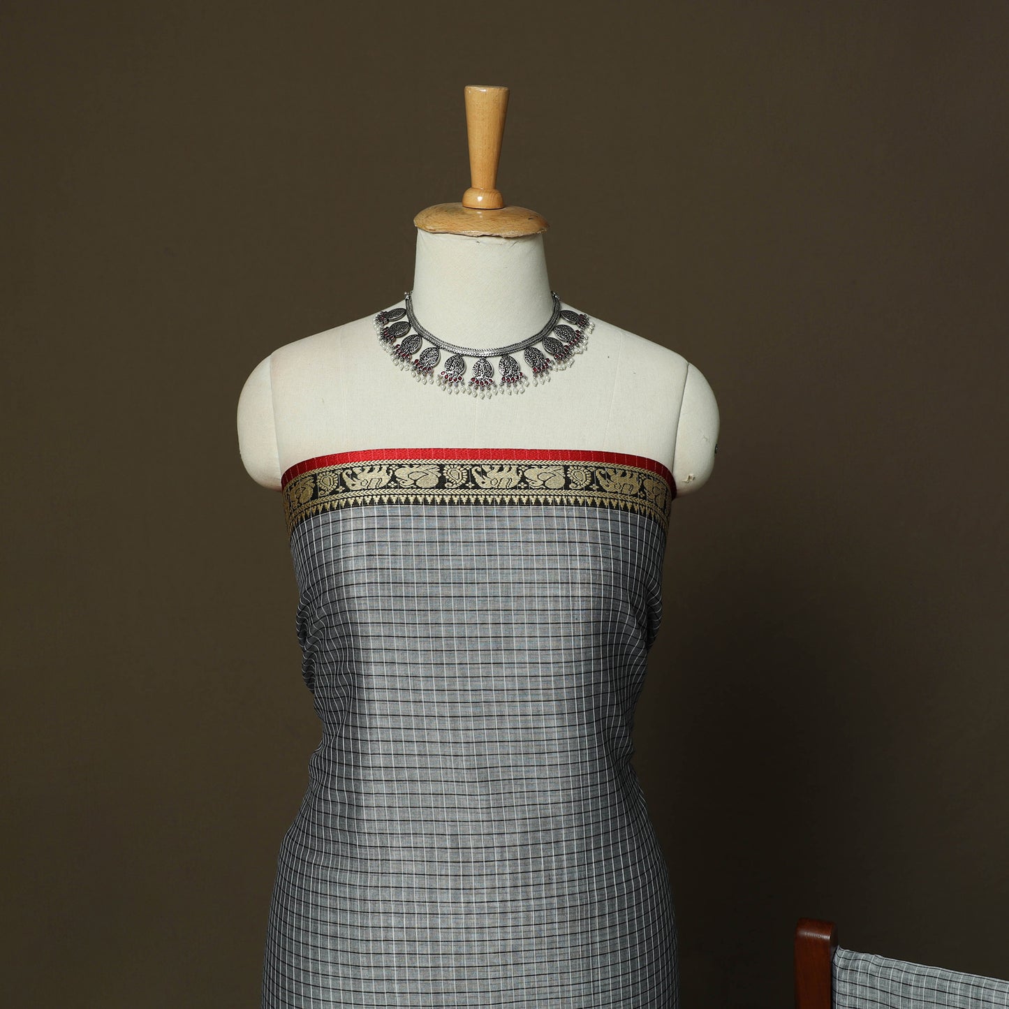 Dharwad Checks Mercerised Cotton 3pc Unstitched Dress Material Suit Set with Woven Border 13