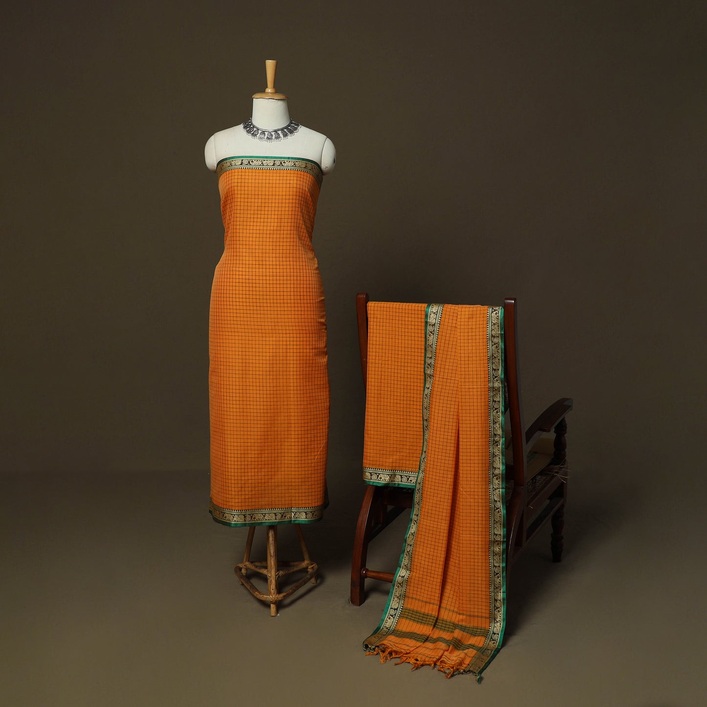 Dharwad Checks Mercerised Cotton 3pc Unstitched Dress Material Suit Set with Woven Border 14