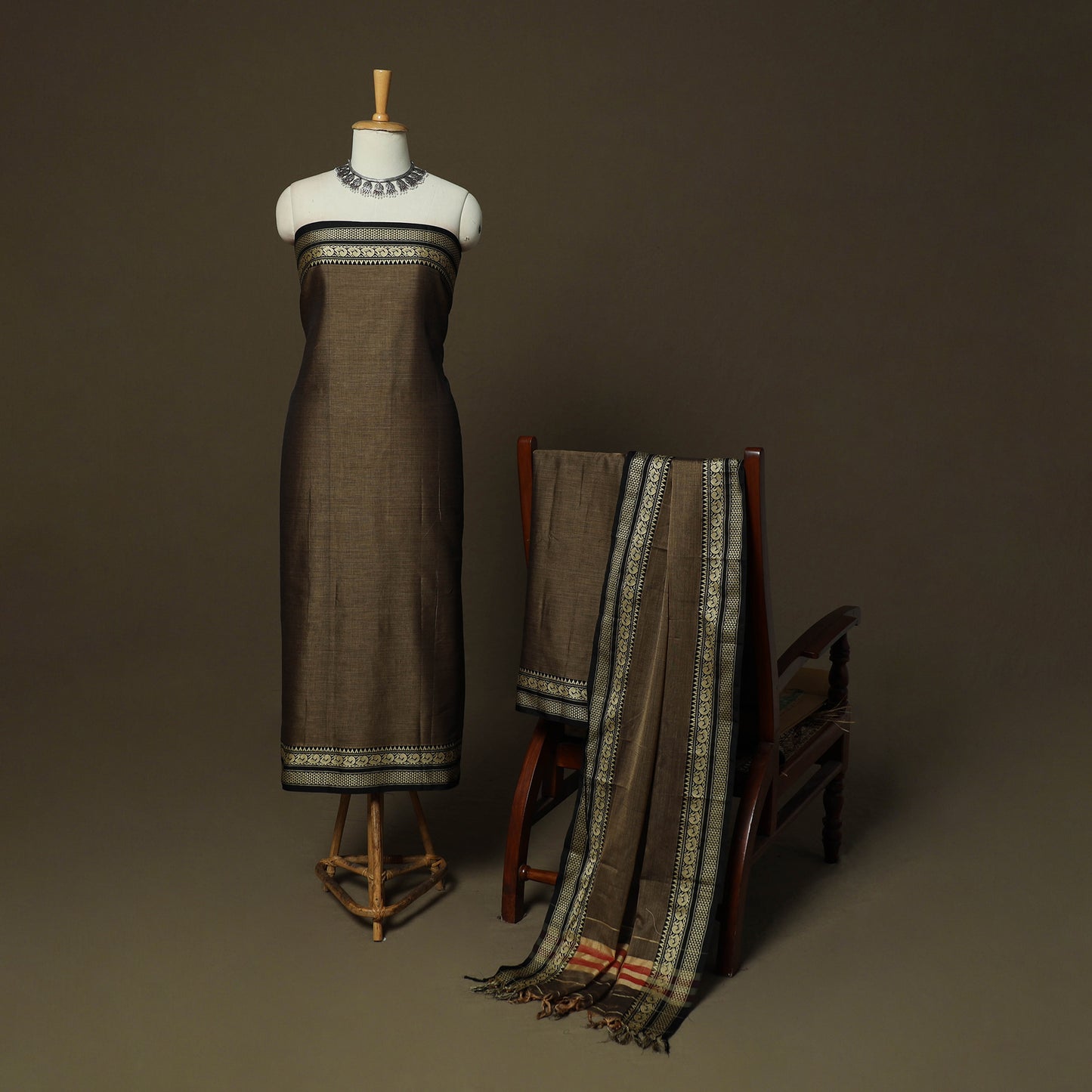 Dharwad Mercerised Cotton 3pc Unstitched Dress Material Suit Set with Woven Border 17