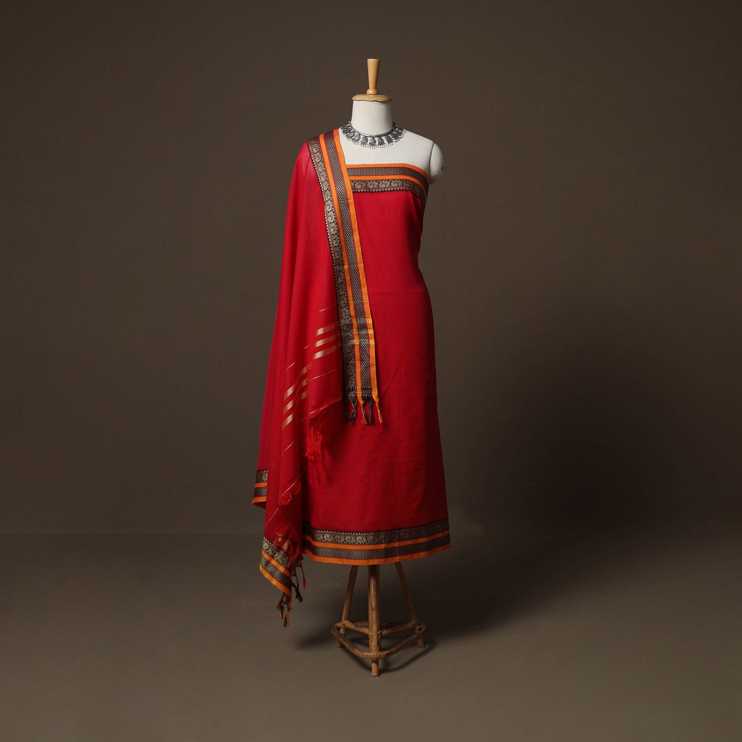 Red - Dharwad Mercerised Cotton 3pc Unstitched Dress Material Suit Set with Woven Border 20