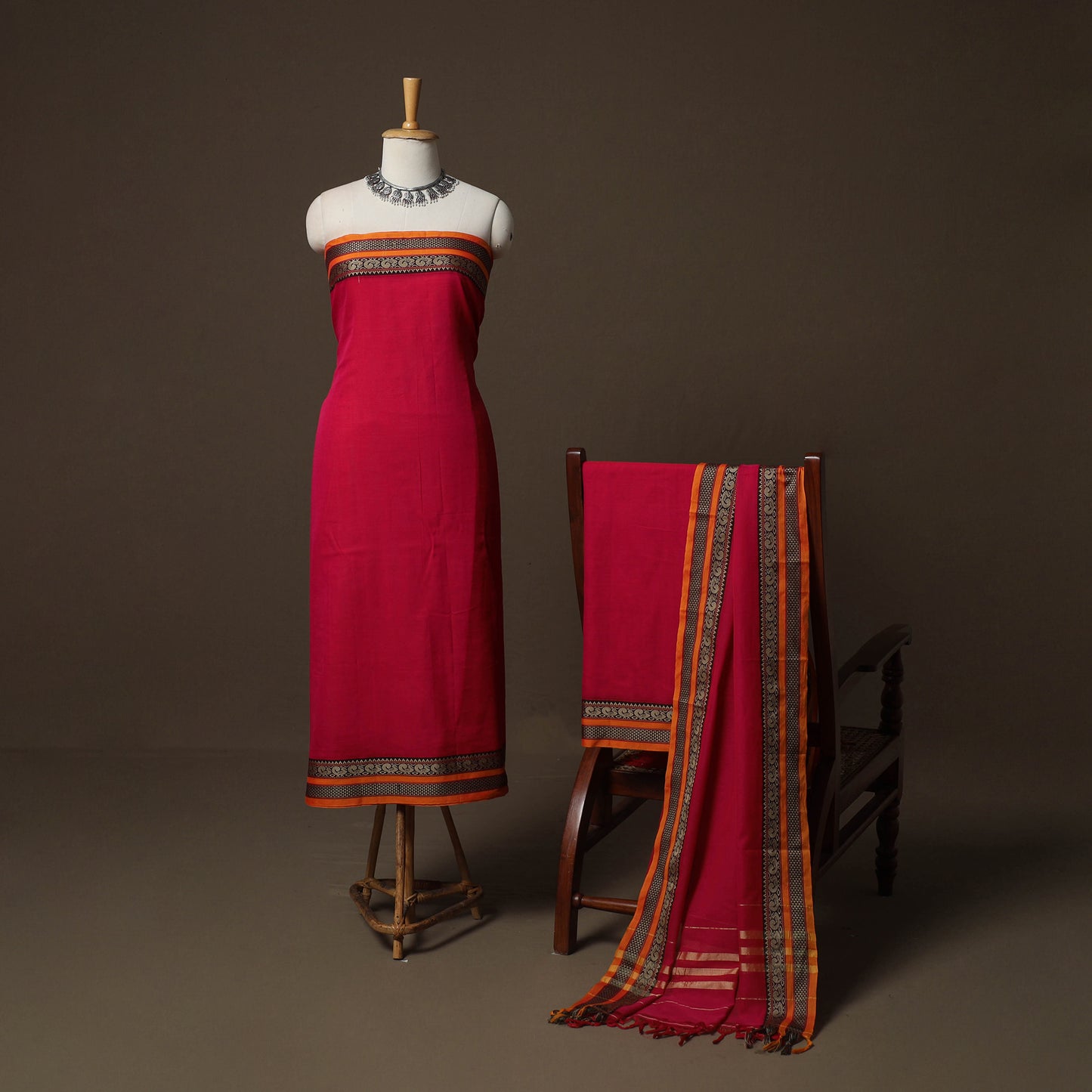 Dharwad Mercerised Cotton 3pc Unstitched Dress Material Suit Set with Woven Border 29