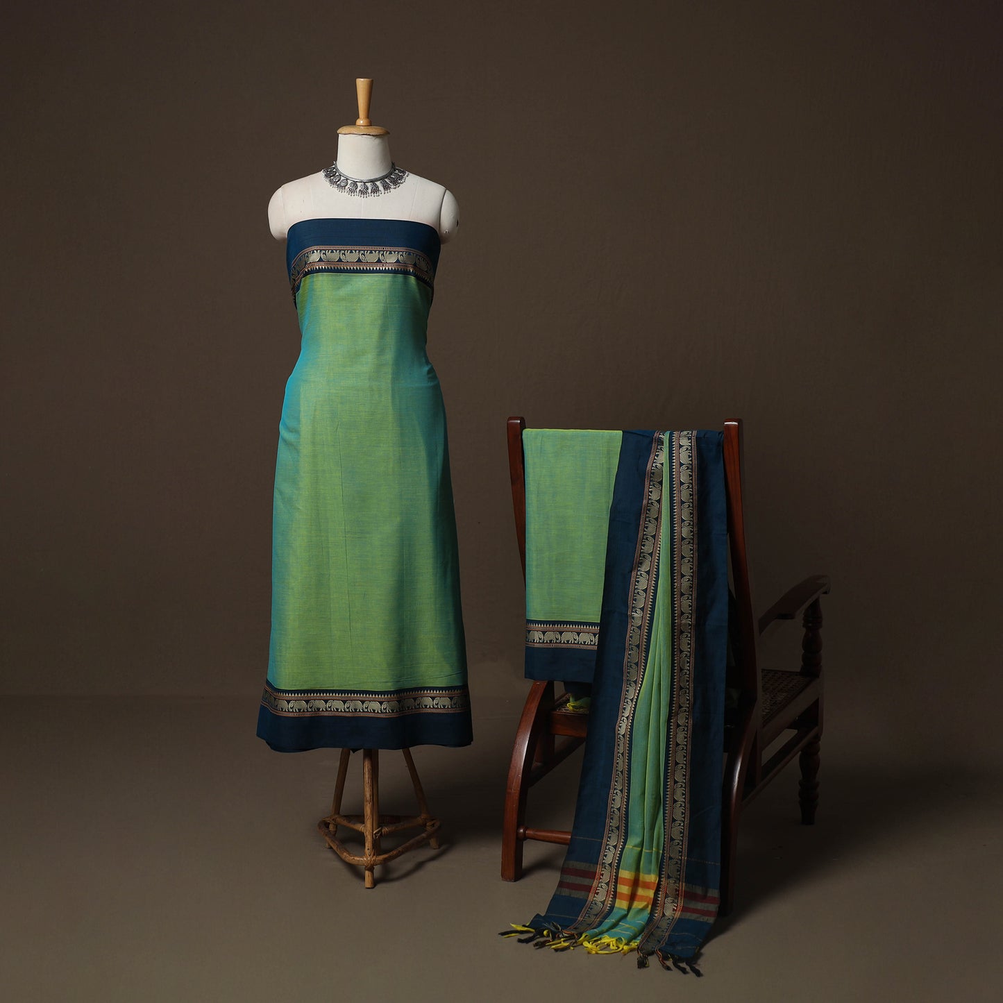 Dharwad Mercerised Cotton 3pc Unstitched Dress Material Suit Set with Woven Border 35