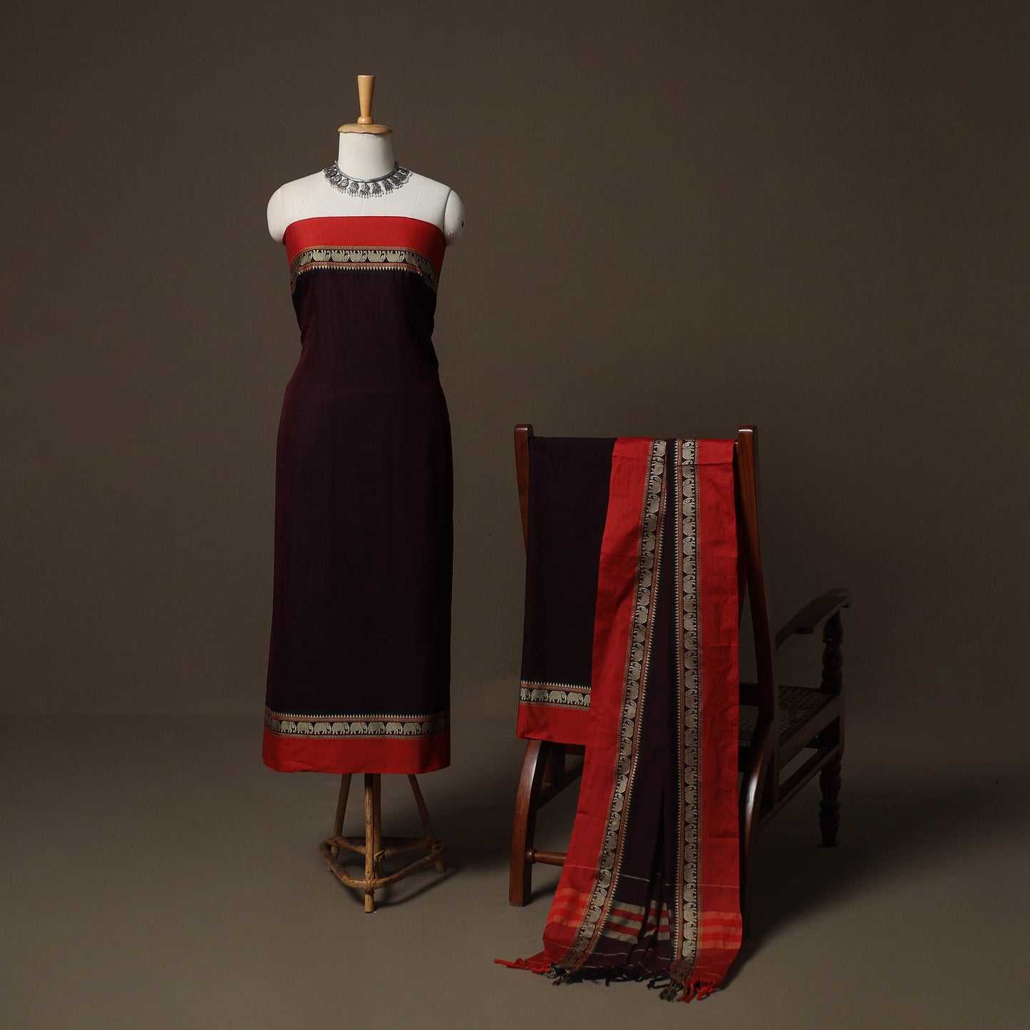 Dharwad Mercerised Cotton 3pc Unstitched Dress Material Suit Set with Woven Border 42